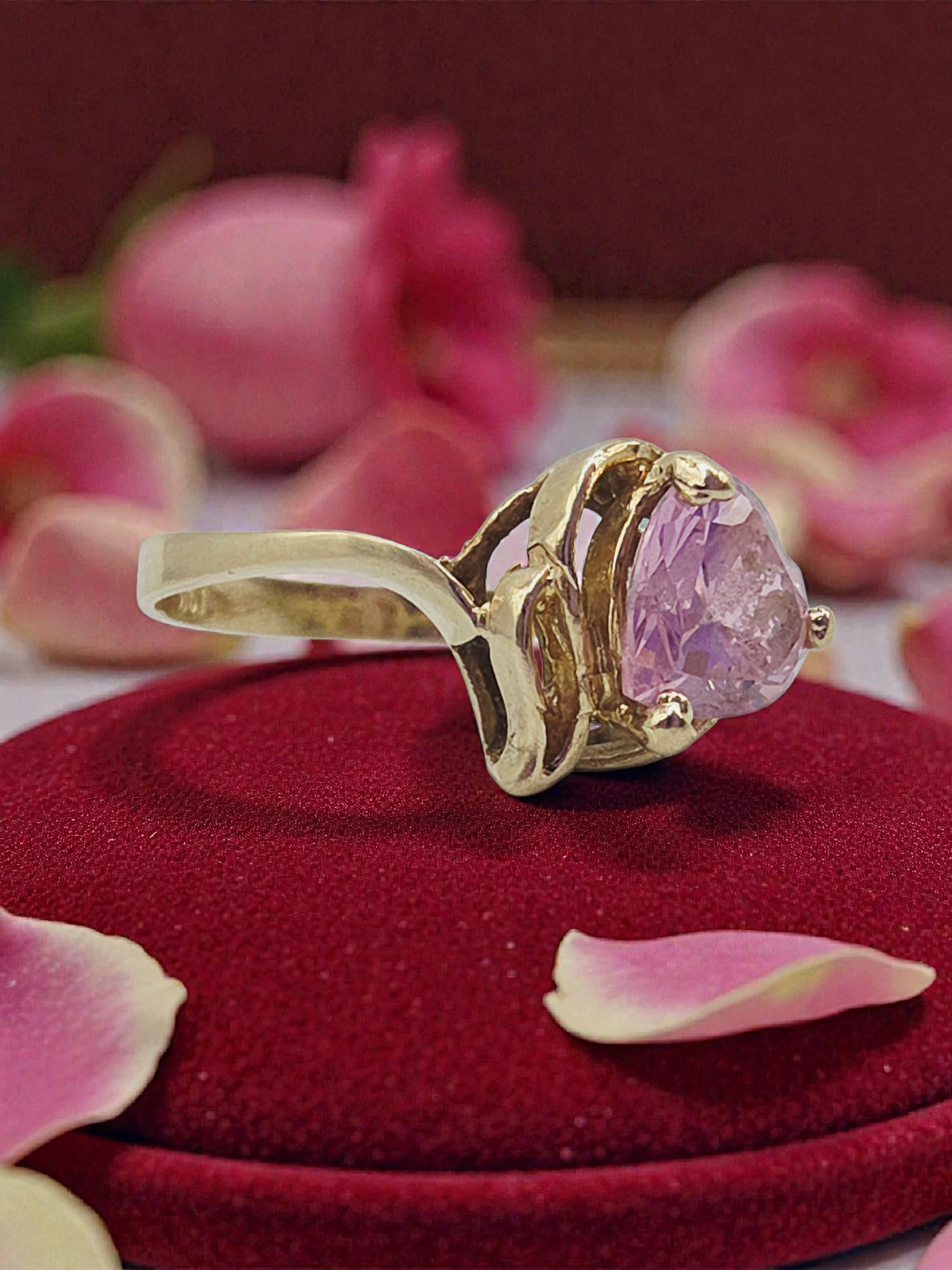 Solid 10K Yellow Gold Ring with Heart-Cut Pink Tourmaline - Sz 7