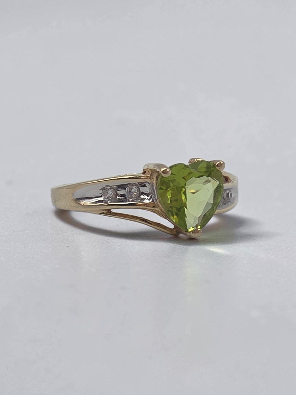 Solid 10K Yellow Gold Heart Cut Green Peridot Ring with CZ Accents - Size 6
