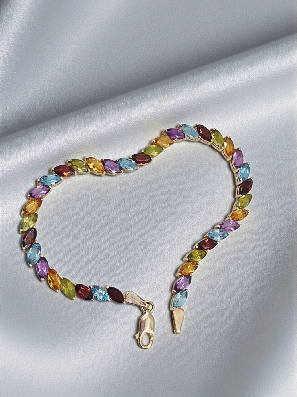 Solid 14K Gold Bracelet with Garnet, Topaz, Citrine, Peridot, Amethyst 7.25 Inch