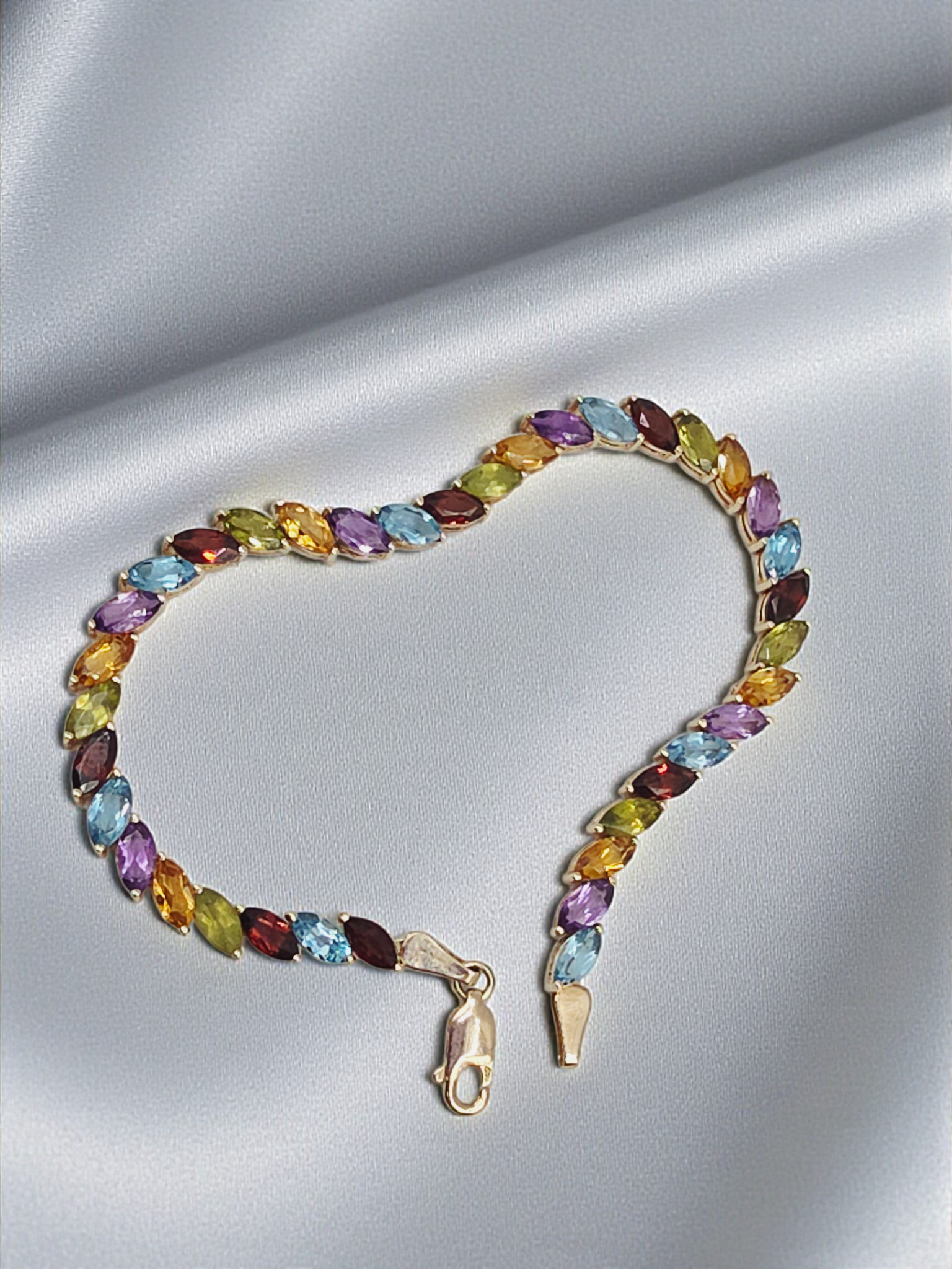 Solid 14K Gold Bracelet with Garnet, Topaz, Citrine, Peridot, Amethyst 7.25 Inch
