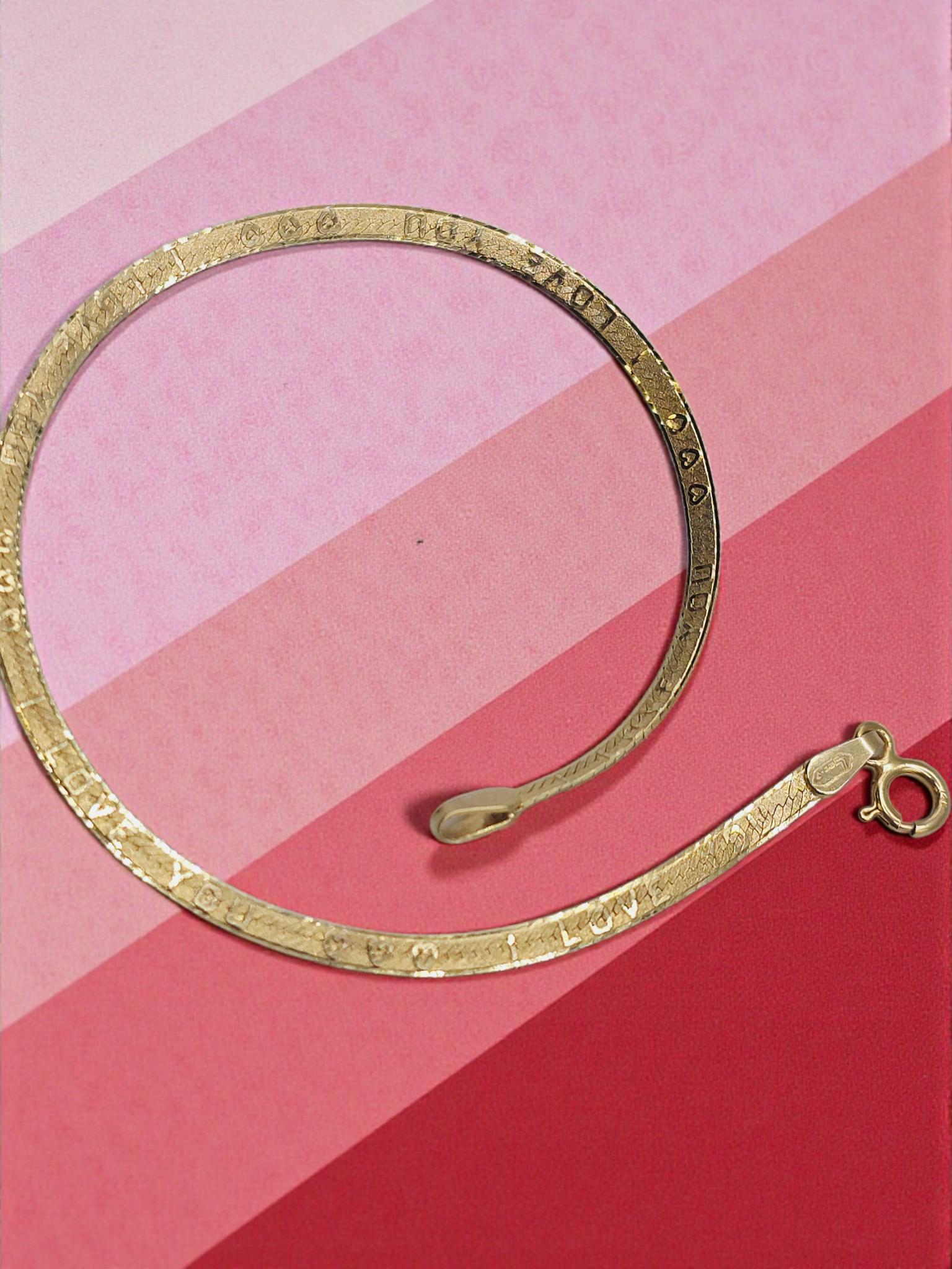 Solid 14K Yellow Gold I LOVE YOU Herringbone Bracelet - ITALY - 7 1/8 Inch
