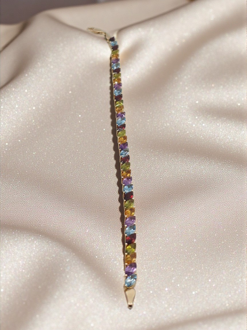 Solid 14K Gold Bracelet with Garnet, Topaz, Citrine, Peridot, Amethyst 7.25 Inch