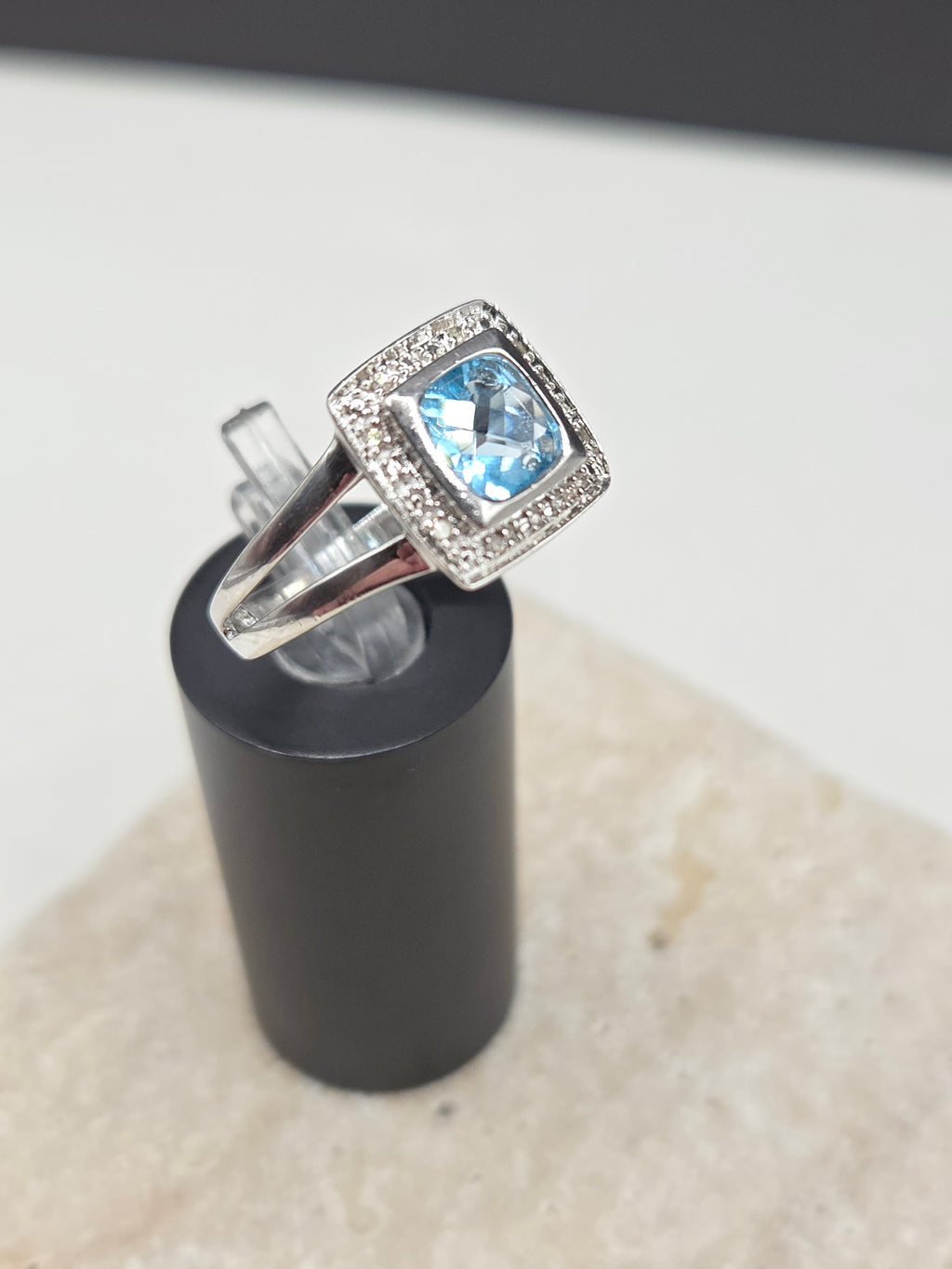 Vintage Pierre Meunier 925 Sterling Silver Blue Topaz Diamond Halo Ring – Size 7