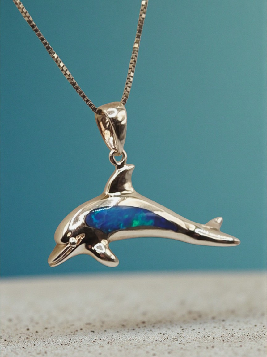 Solid 14K Yellow Gold Necklace with Opal Dolphin Pendant 17 Inches