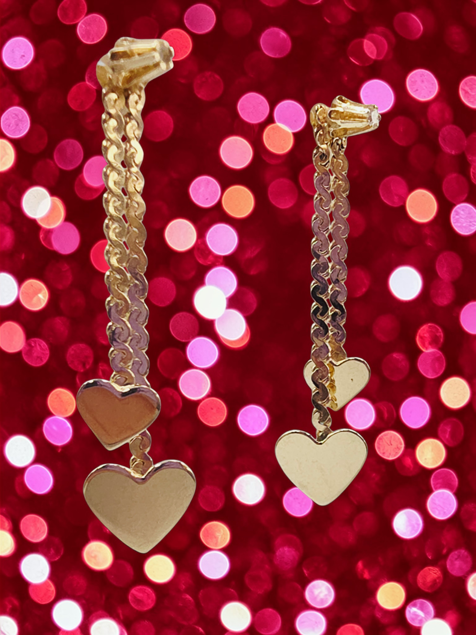 Vintage NABCO Solid 14K Gold Dangle Heart Earrings with White Topaz Accents