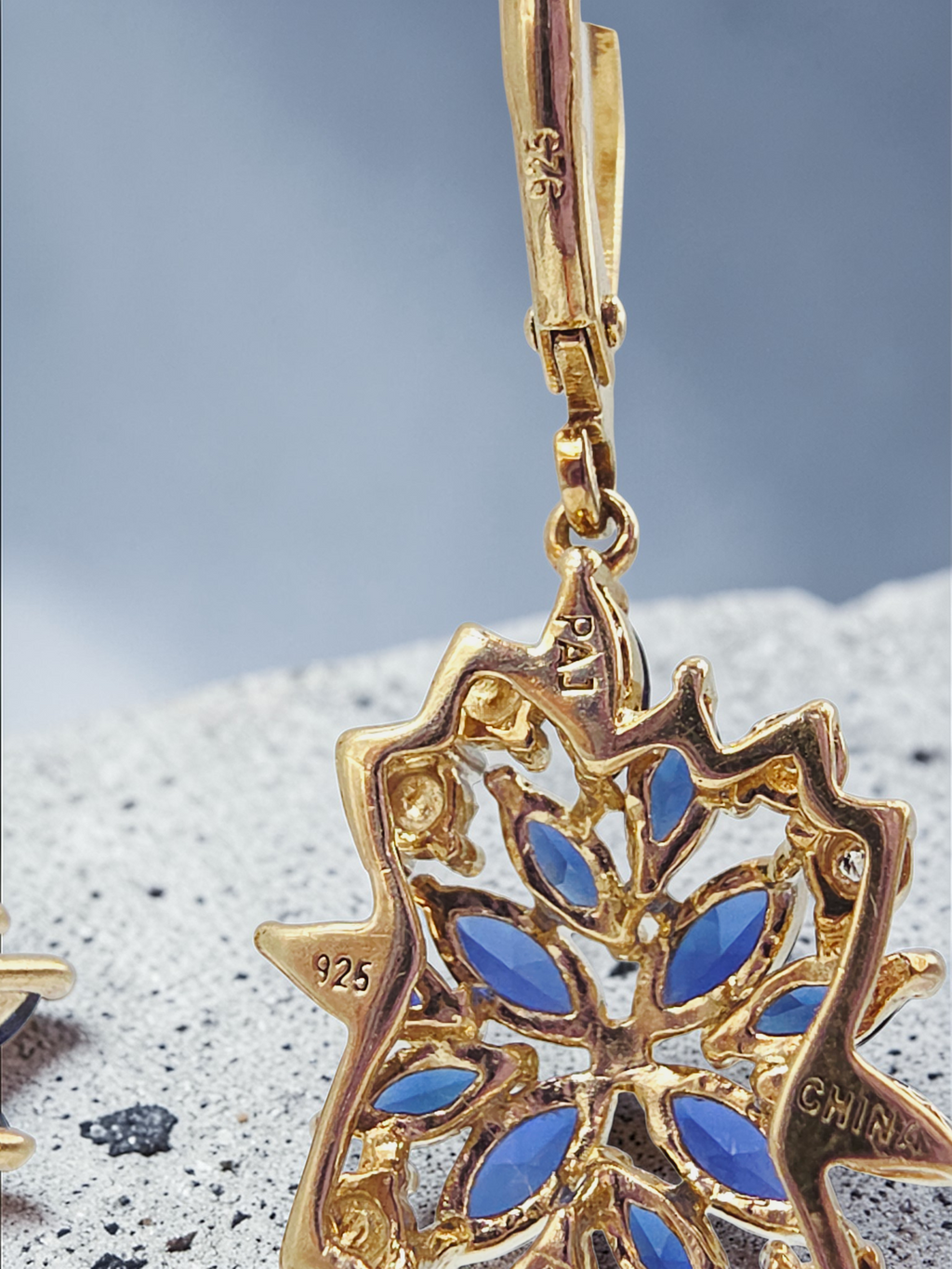 925 Sterling Silver Gold Vermeil Earrings with Blue Sapphire & Diamond Cluster