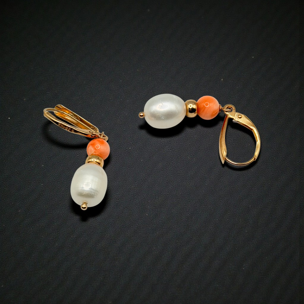 Solid 14K Yellow Gold Dangle Earrings with Coral Beads and Pearls