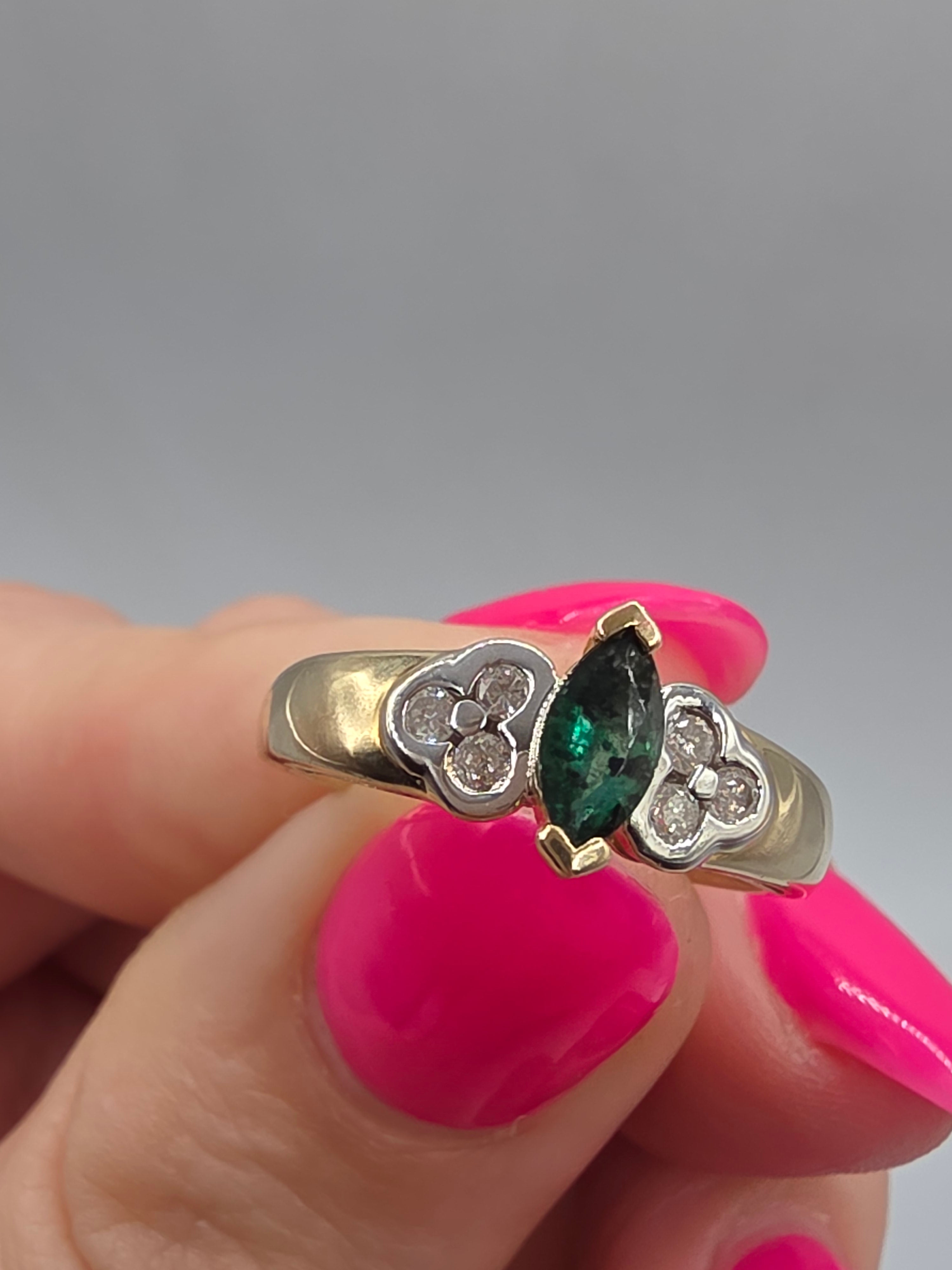 Vintage Black Hills Gold CCO Solid 14K Marquise Emerald Diamond Ring Size 6.75