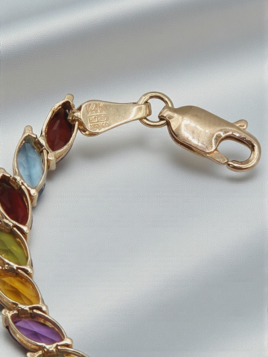 Solid 14K Gold Bracelet with Garnet, Topaz, Citrine, Peridot, Amethyst 7.25 Inch