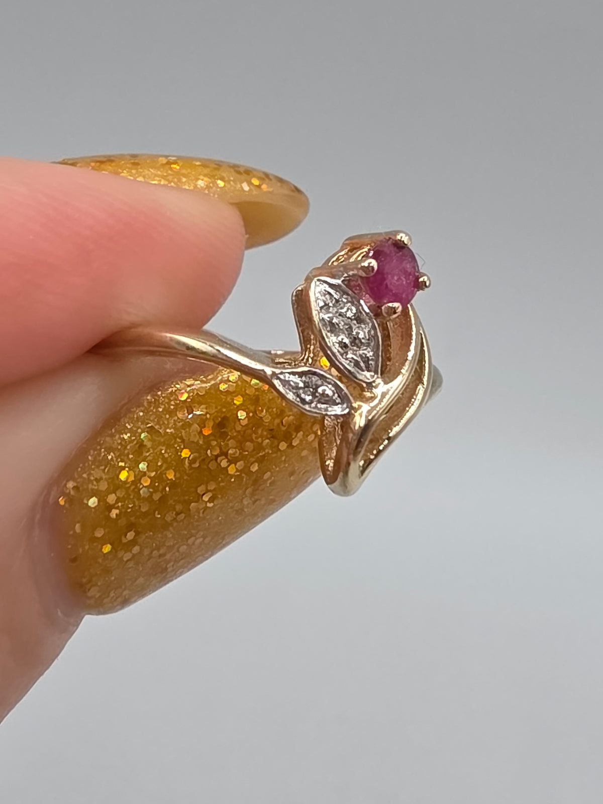 Solid 10K Yellow Gold Ruby Flower and Diamond Leaf Swirl Ring - Size 4