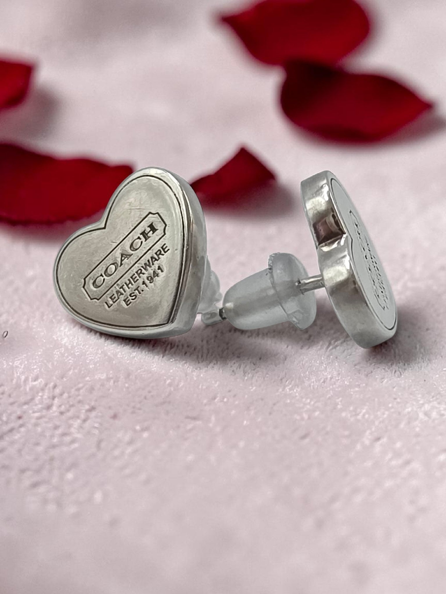 Authentic Rare Vintage Coach Heart Stud Earrings 925 Sterling Silver