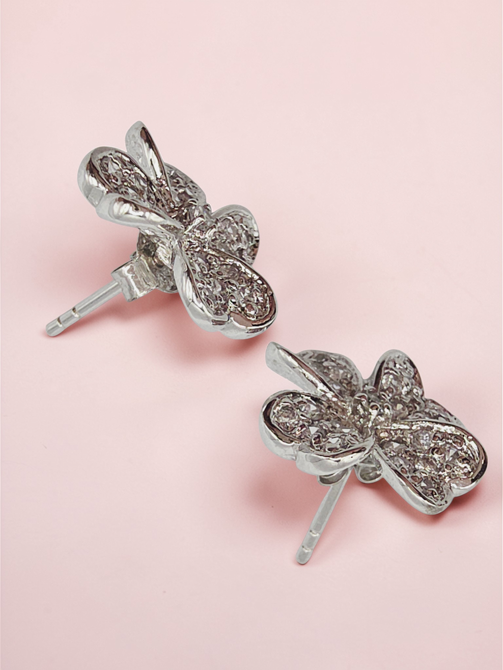 925 Sterling Silver Heart Leaf Clover Stud Earrings with CZ Accents