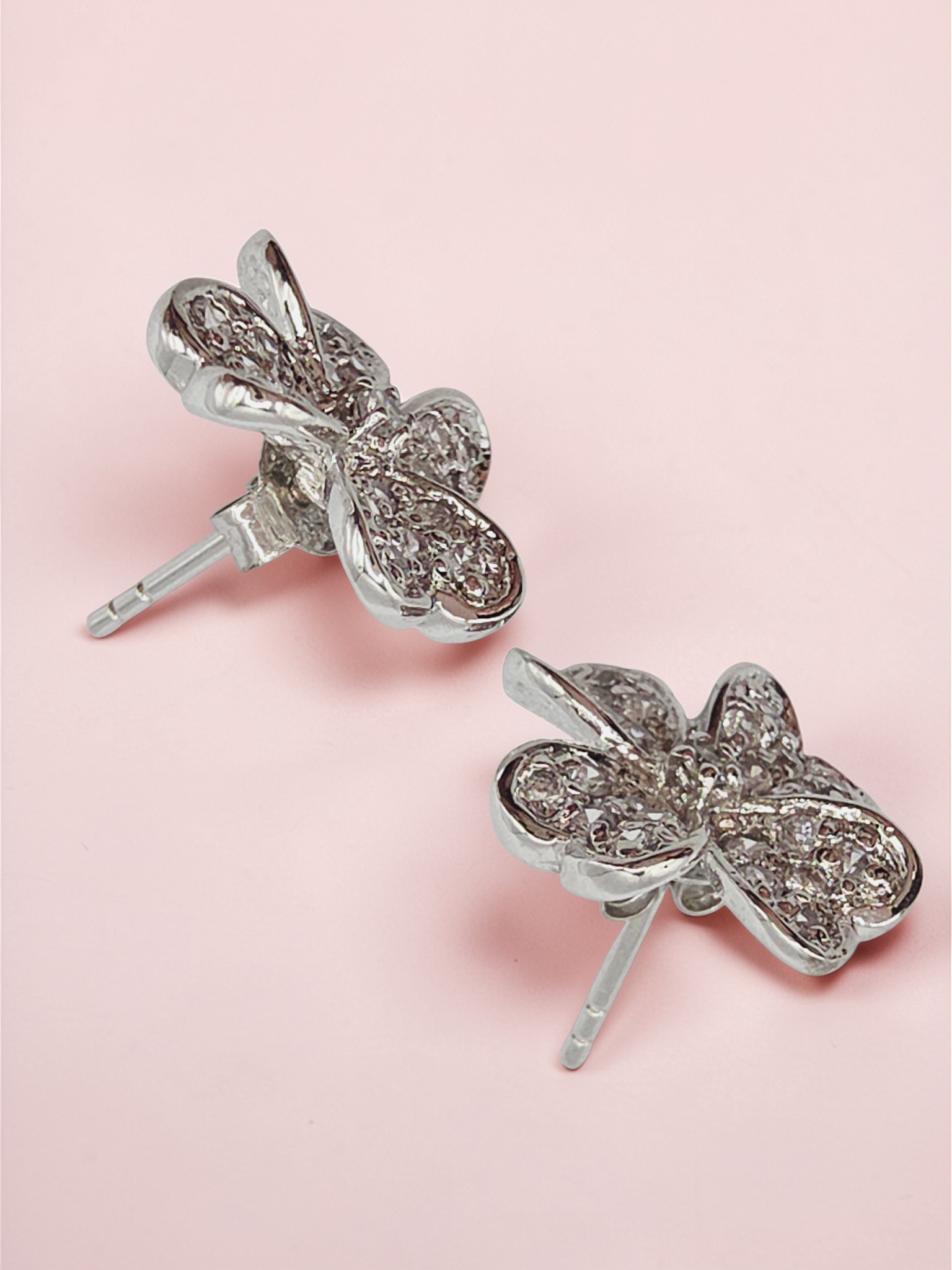 925 Sterling Silver Heart Leaf Clover Stud Earrings with CZ Accents