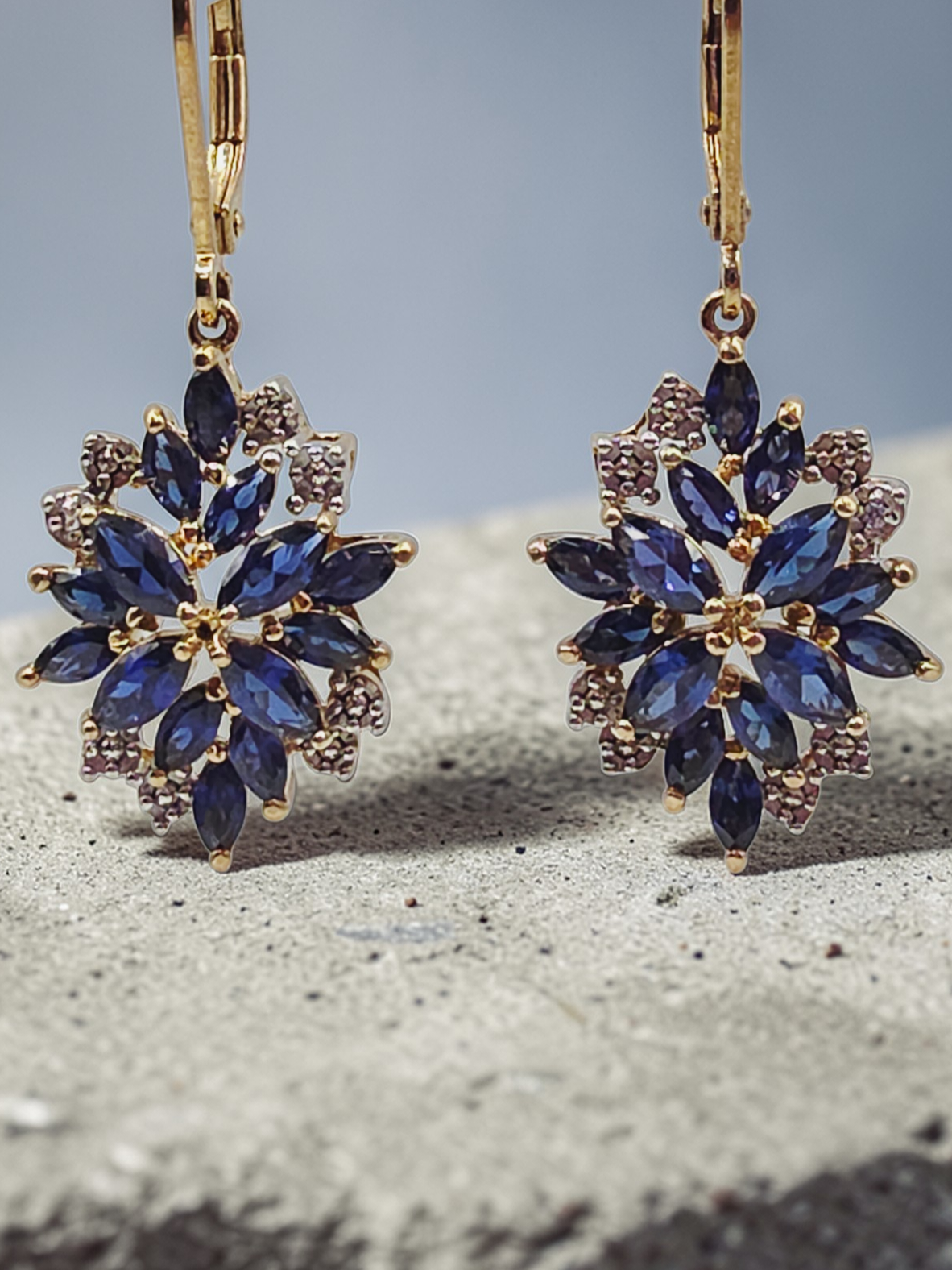 925 Sterling Silver Gold Vermeil Earrings with Blue Sapphire & Diamond Cluster