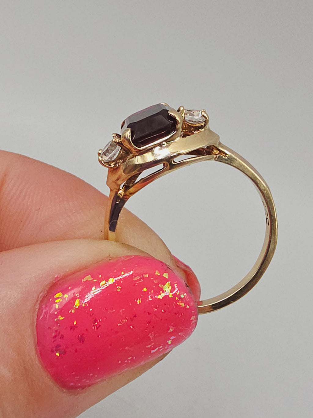 Solid 10K Yellow Gold Ring with Emerald-Cut Ruby & White Topaz Accents – Size 7