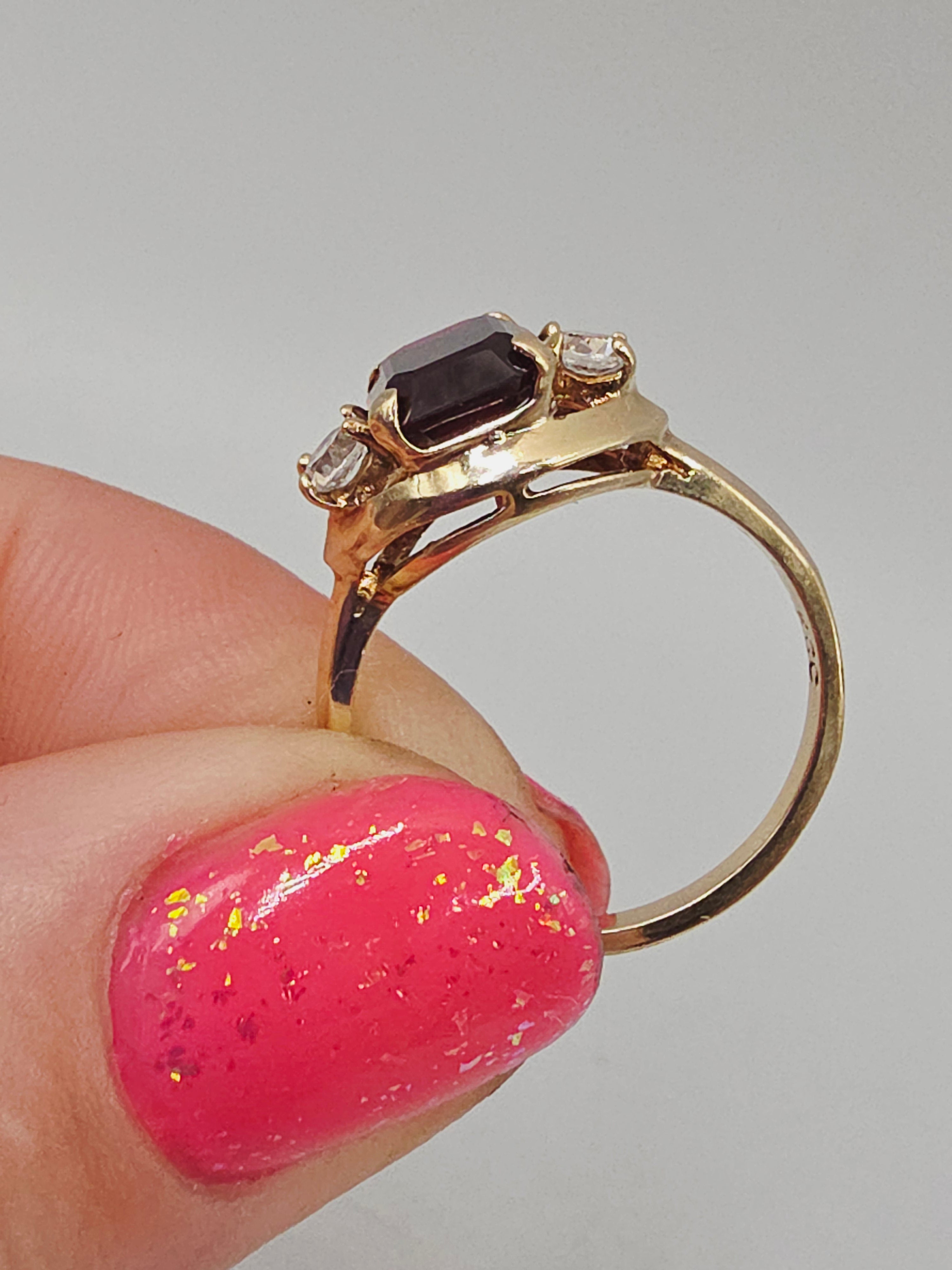 Solid 10K Yellow Gold Ring with Emerald-Cut Ruby & White Topaz Accents – Size 7