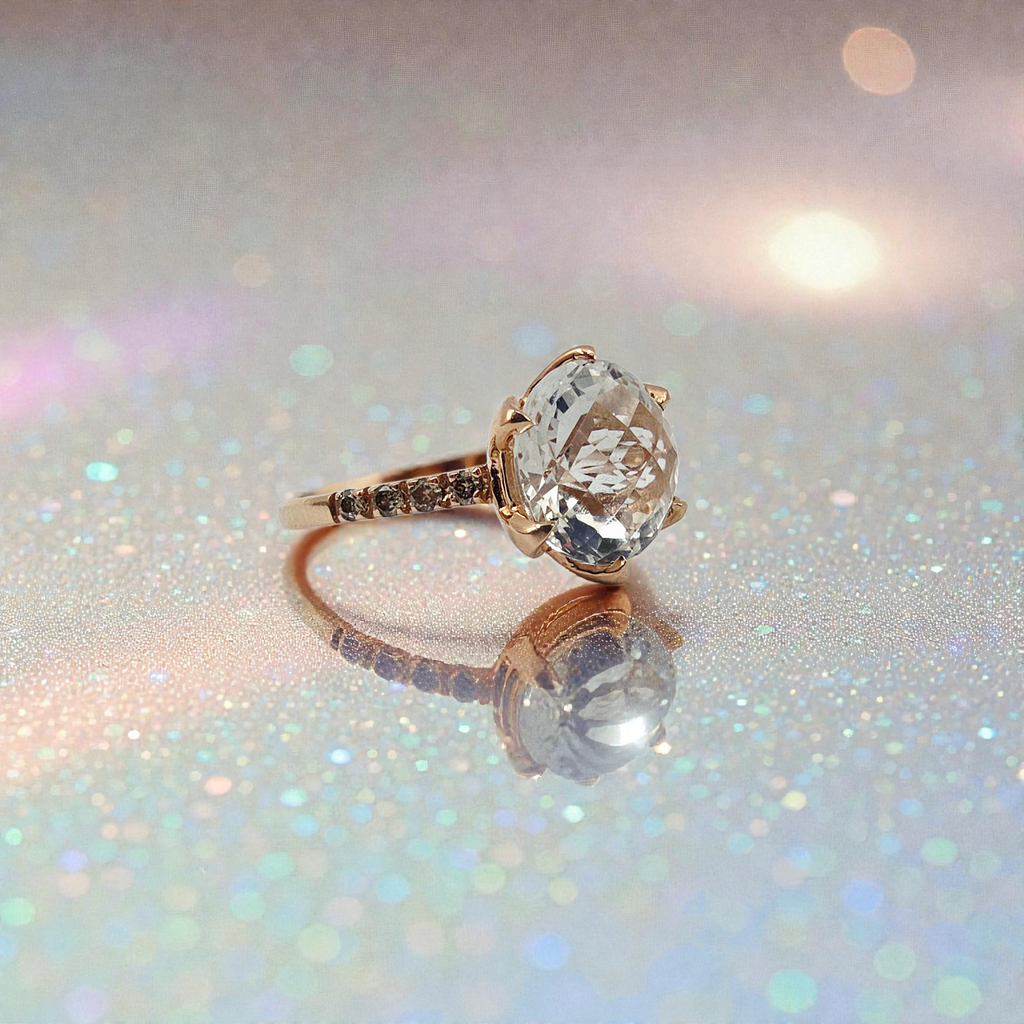 Solid 14K Rose Gold Ring with Lab-Created White Topaz & Diamond Accents - Size 8
