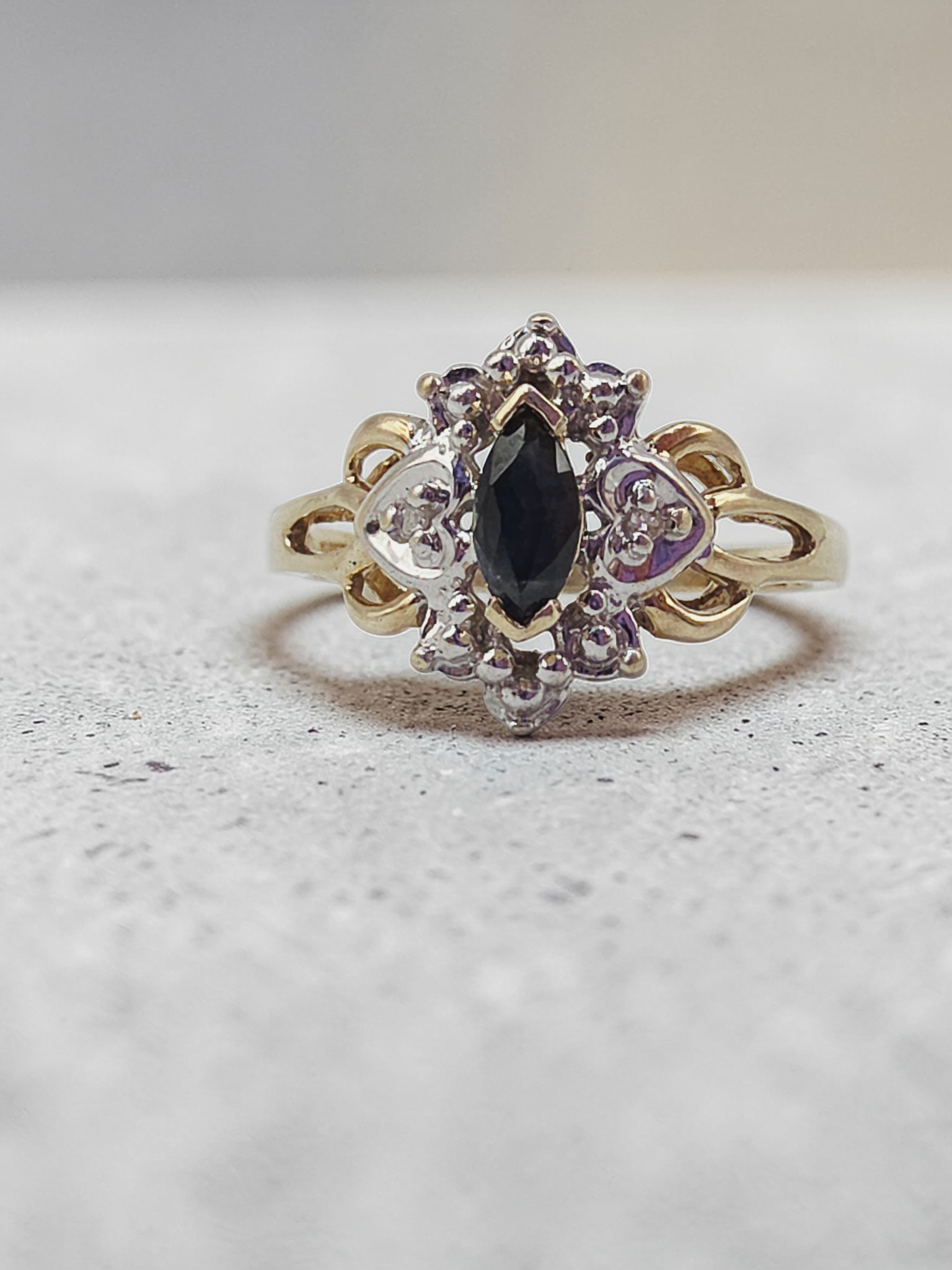 10K Solid Gold Dark Blue Topaz Ring with Diamond Accents, Size 7