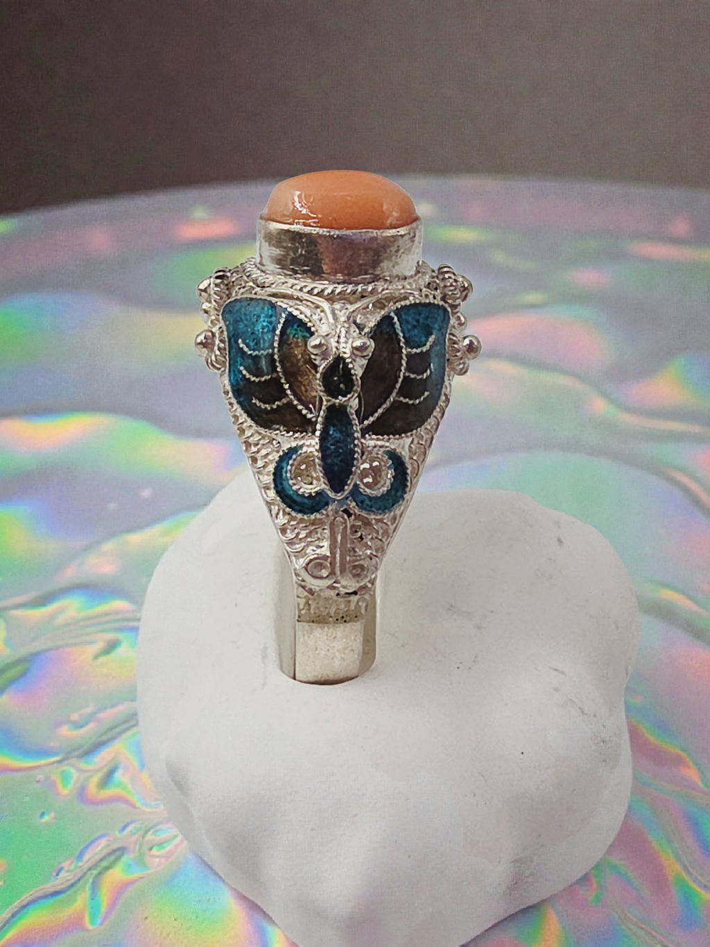 Sterling Silver Salmon Pink Coral Ring with Enamel Butterfly Accents - Size 8