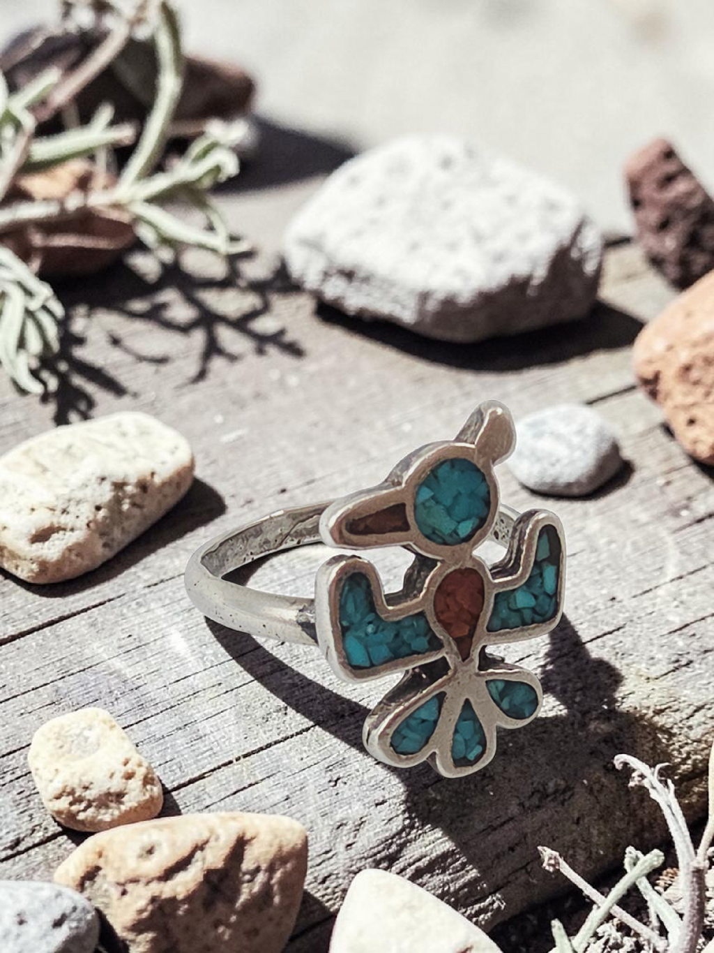 Southwestern Sterling Silver Turquoise & Coral Inlay Thunderbird Ring Size 7.75