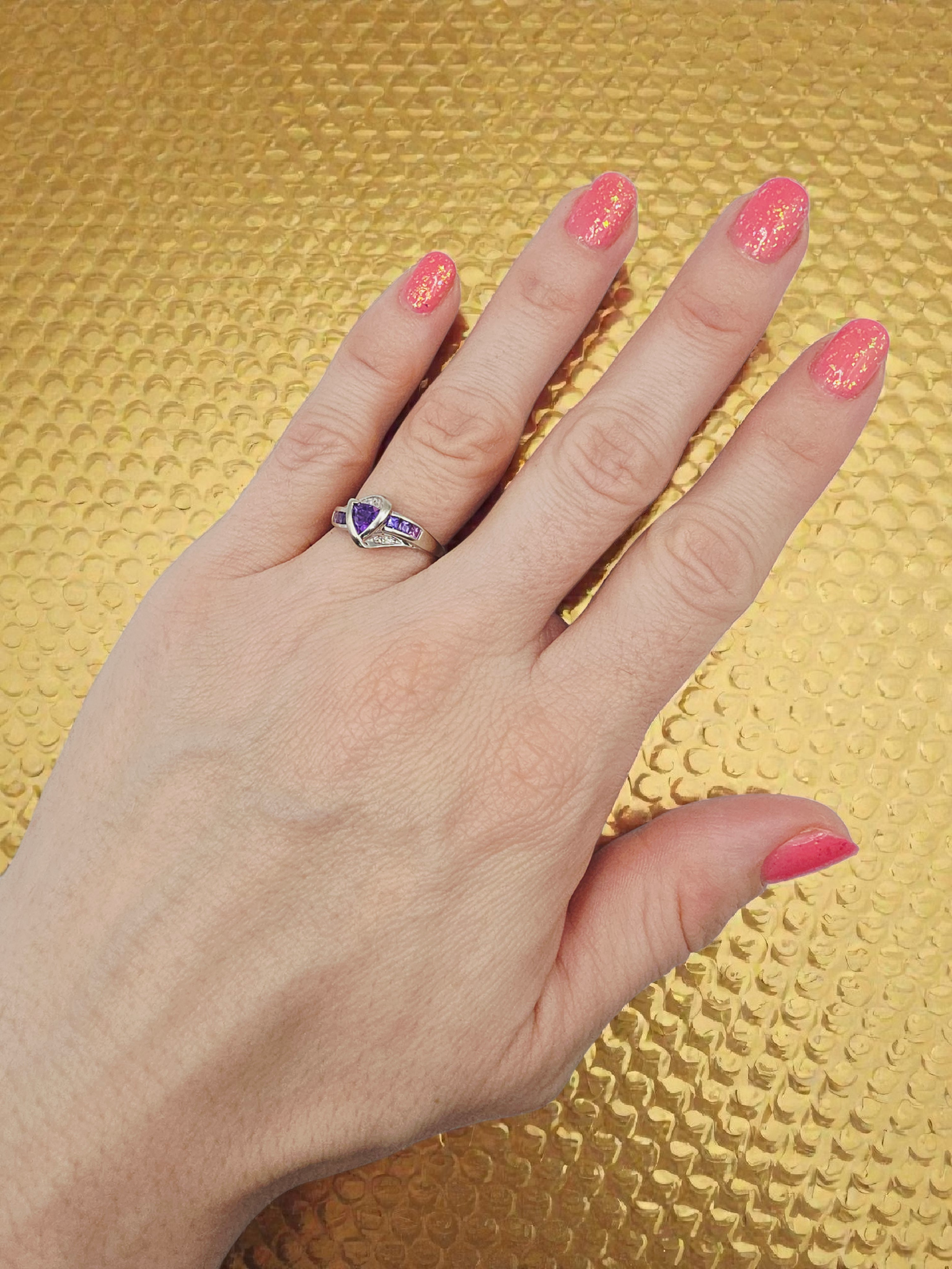 Solid 10K White Gold Ring with Purple & Pink Topaz and Diamonds – Size 6.75