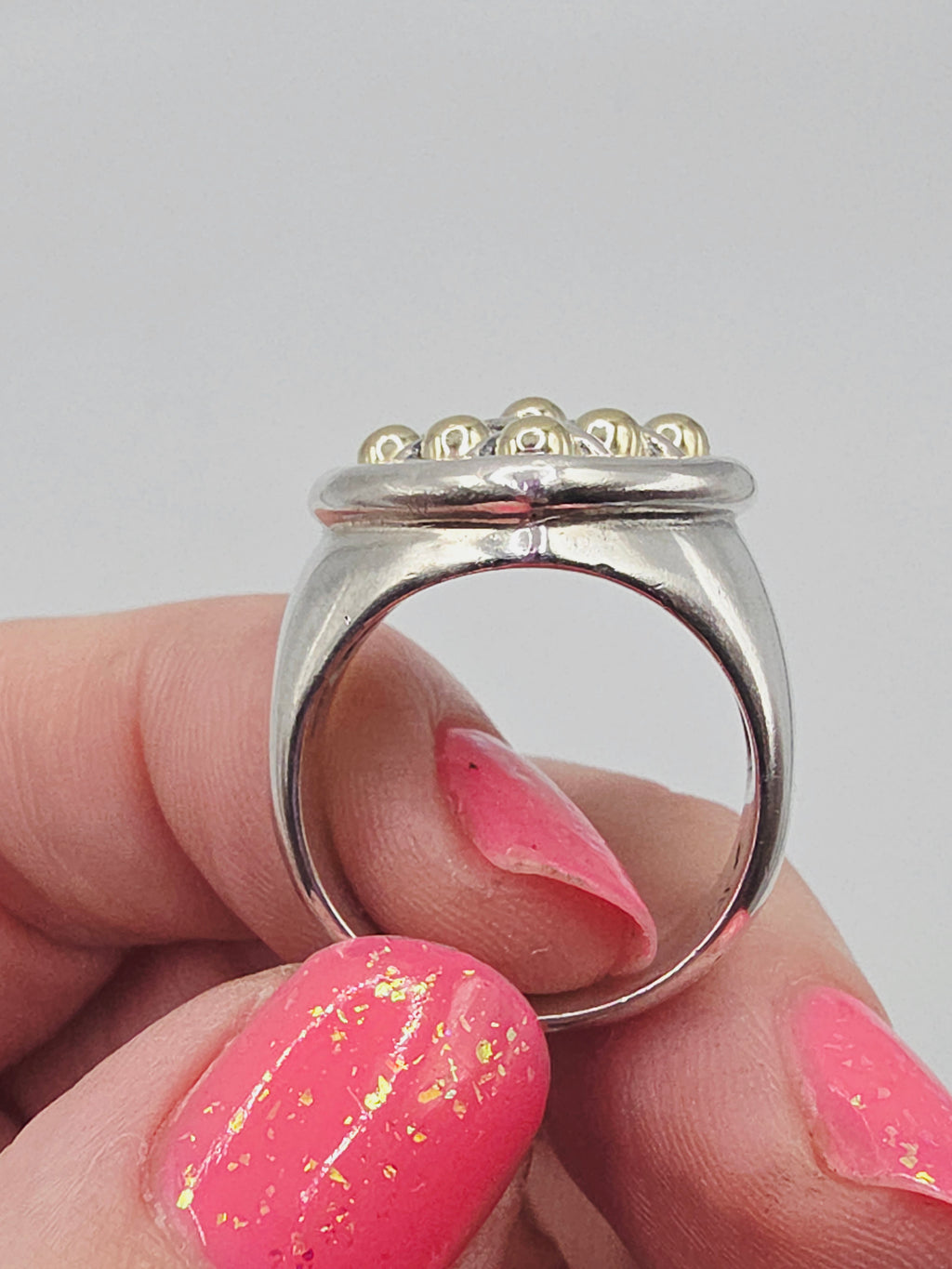 Caviar 925 Sterling Silver with 18K Yellow Gold Accents Heart Ring Size 7