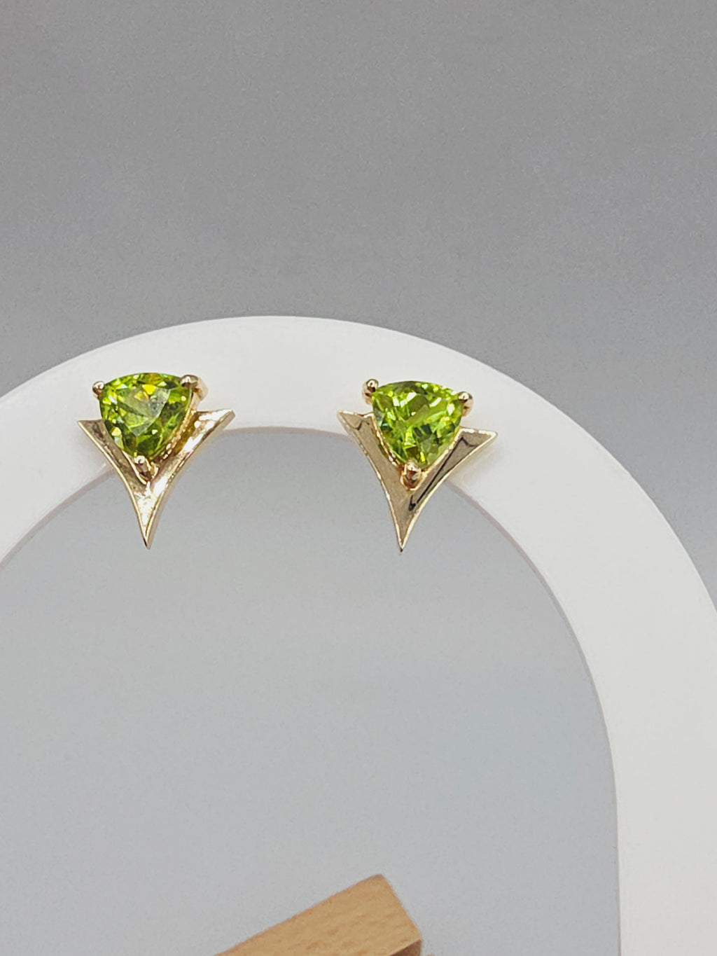Solid 14K Yellow Gold Trillion Cut Peridot Stud Earrings