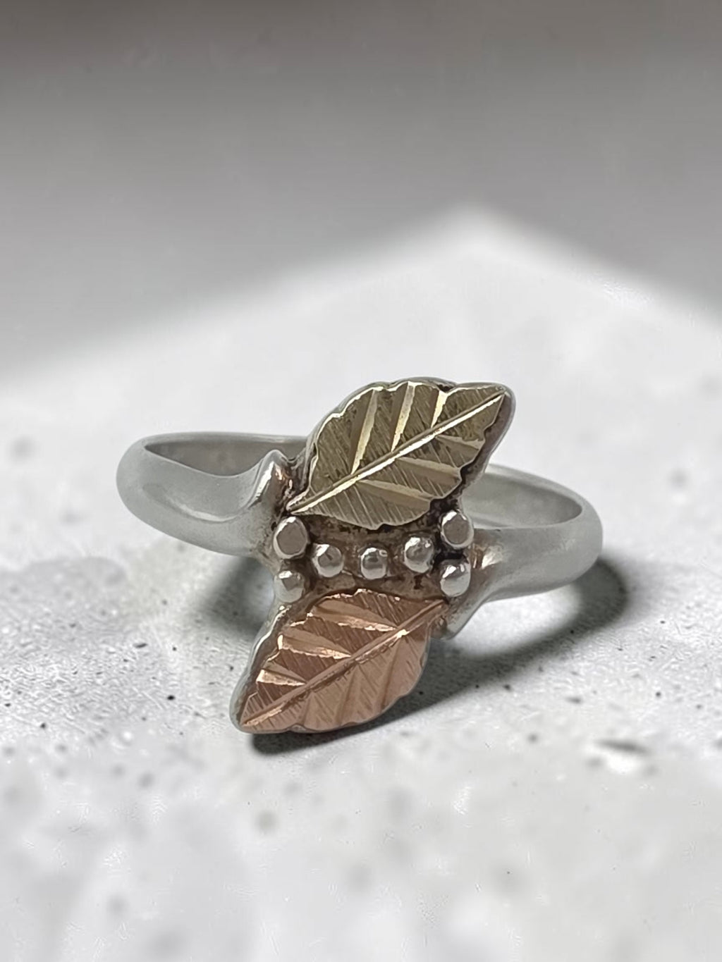 Black Hills Sterling Silver Ring with Solid 12K Gold Leaf Accents - Size 6