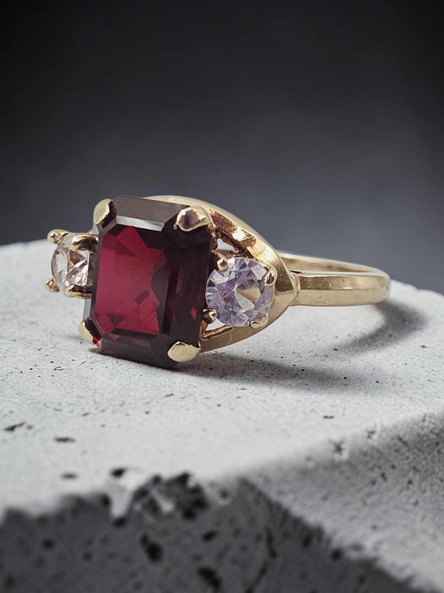 Solid 10K Yellow Gold Ring with Emerald-Cut Ruby & White Topaz Accents – Size 7