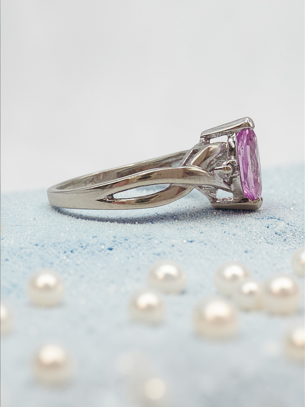 Solid 10K White Gold Ring with Marquise Cut Pink Sapphire - Size 5.75