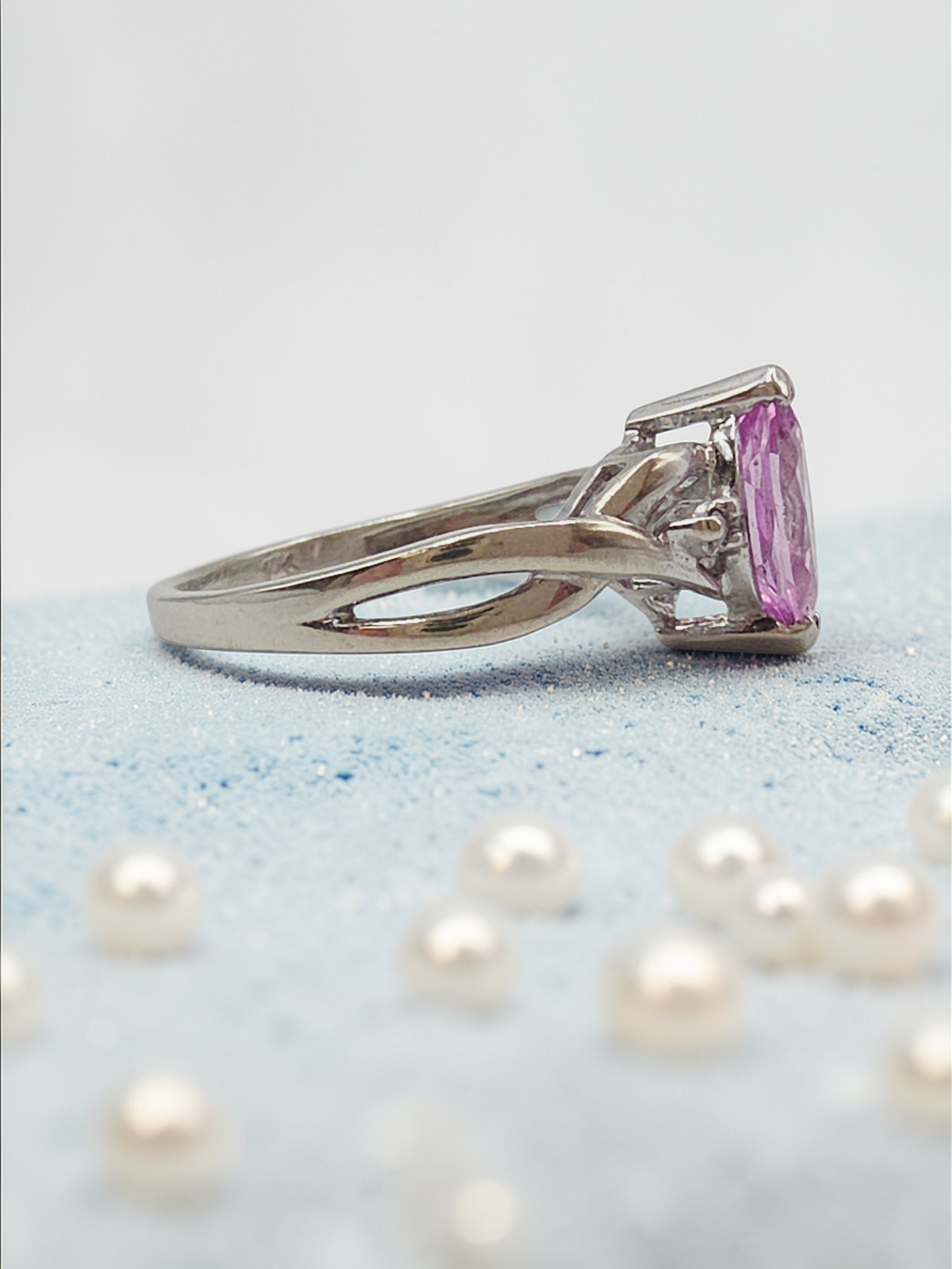 Solid 10K White Gold Ring with Marquise Cut Pink Sapphire - Size 5.75