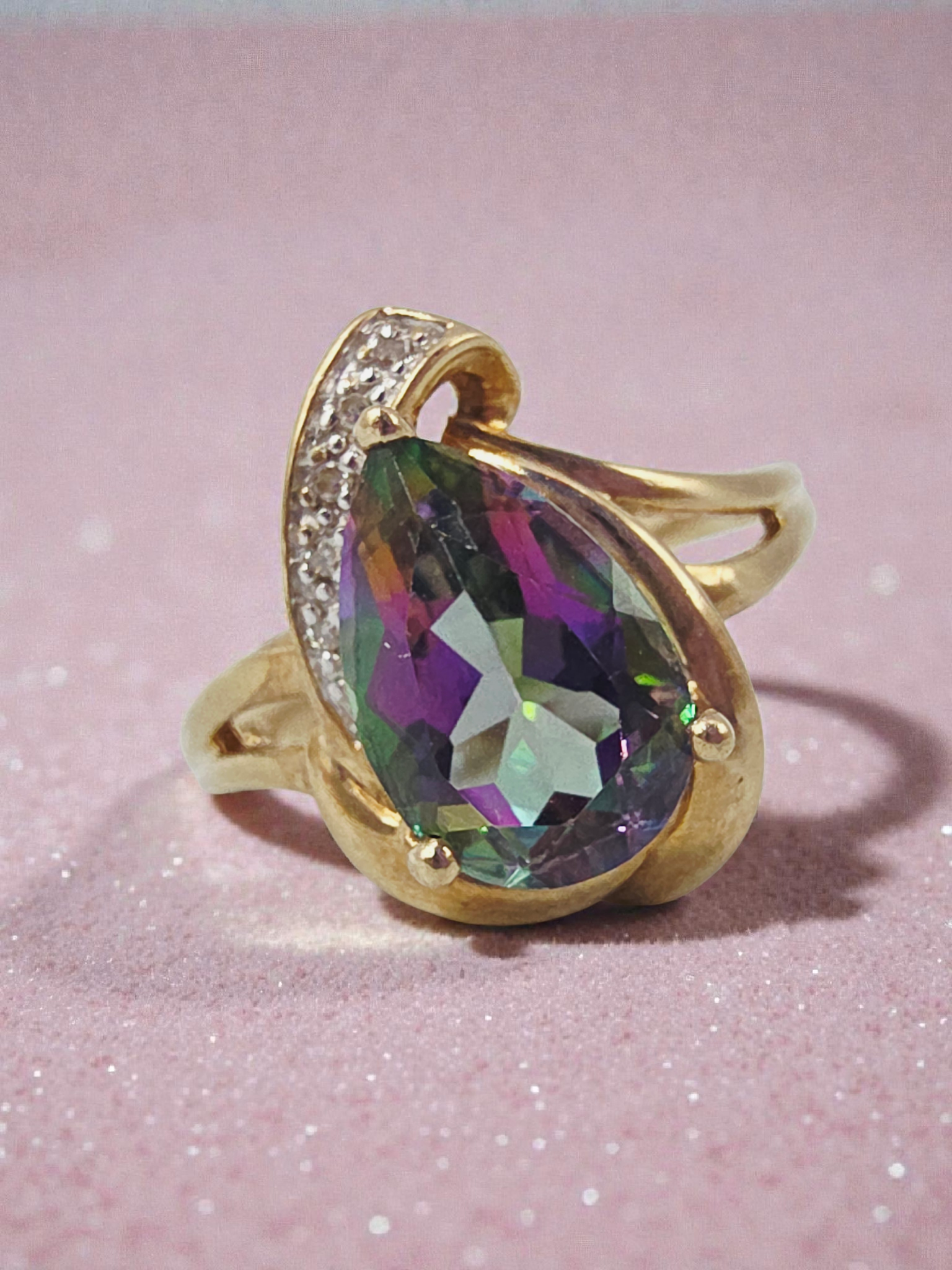 Solid 10K Yellow Gold Ring with Pear Cut Mystic Topaz and Diamond Accents Size 9