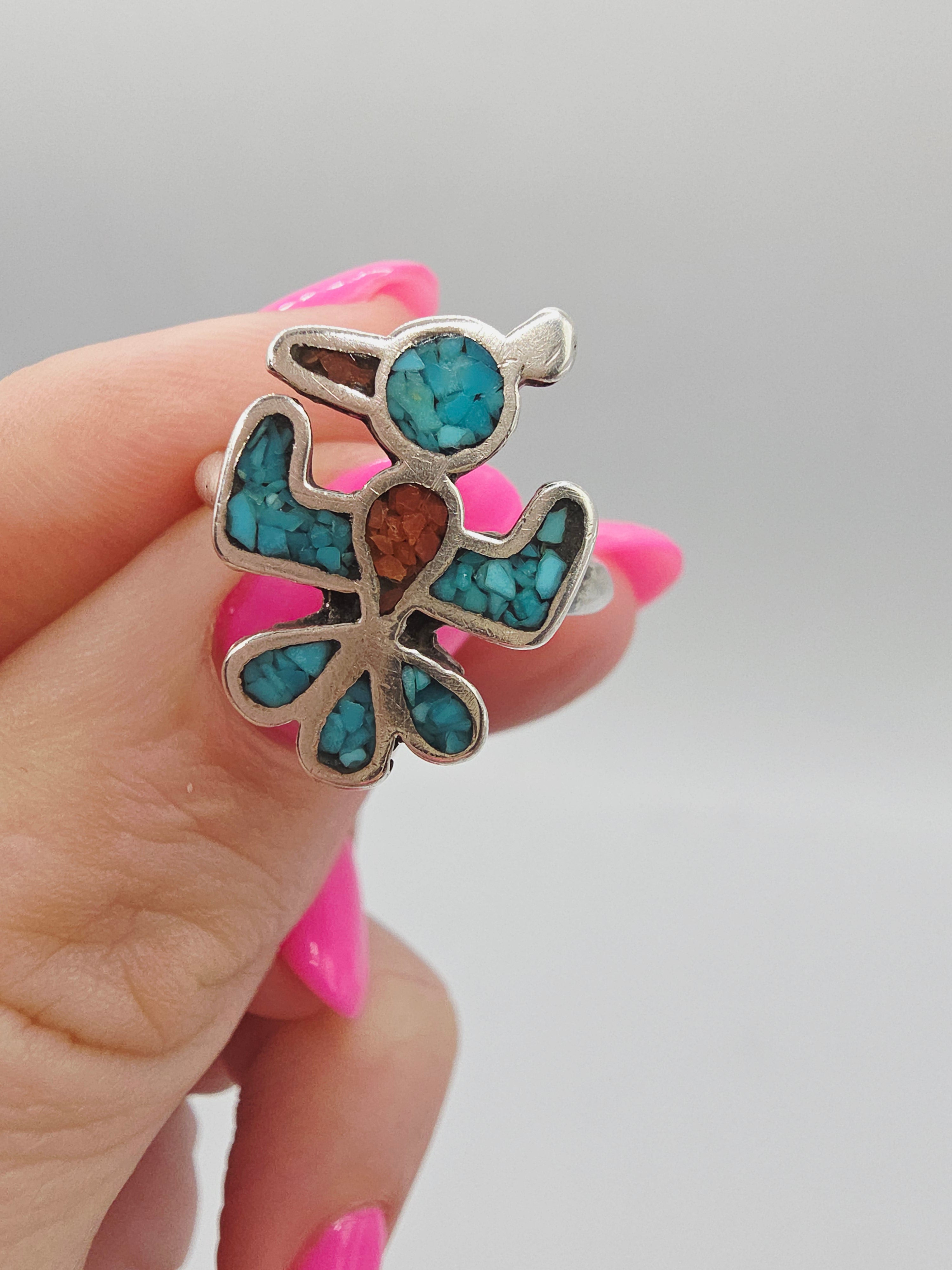 Southwestern Sterling Silver Turquoise & Coral Inlay Thunderbird Ring Size 7.75