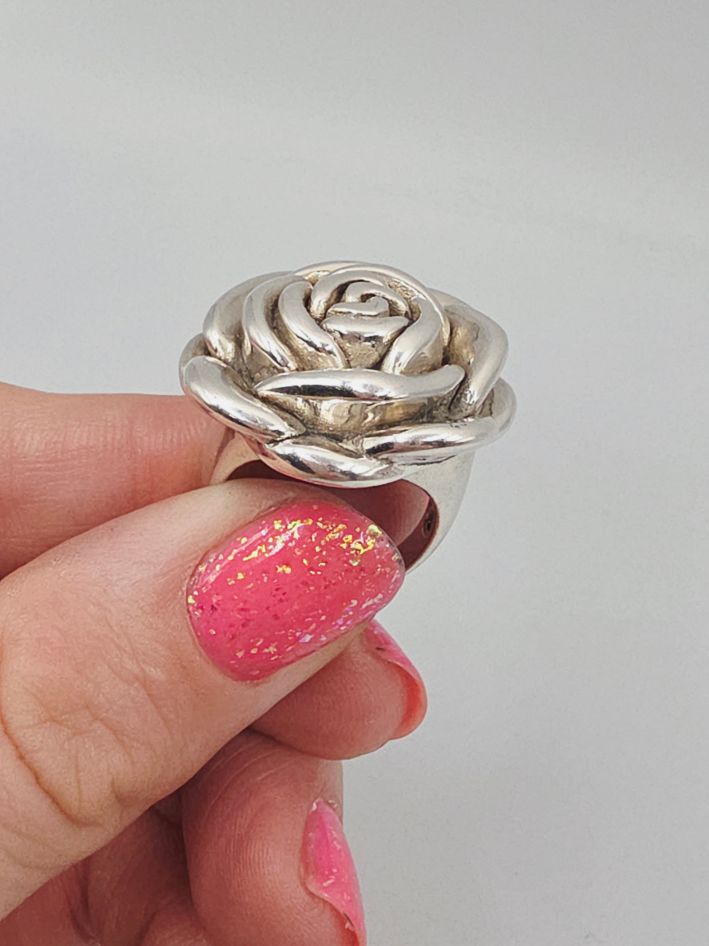 Sterling Silver Rose Flower Statement Ring Botanical Floral – Size 6