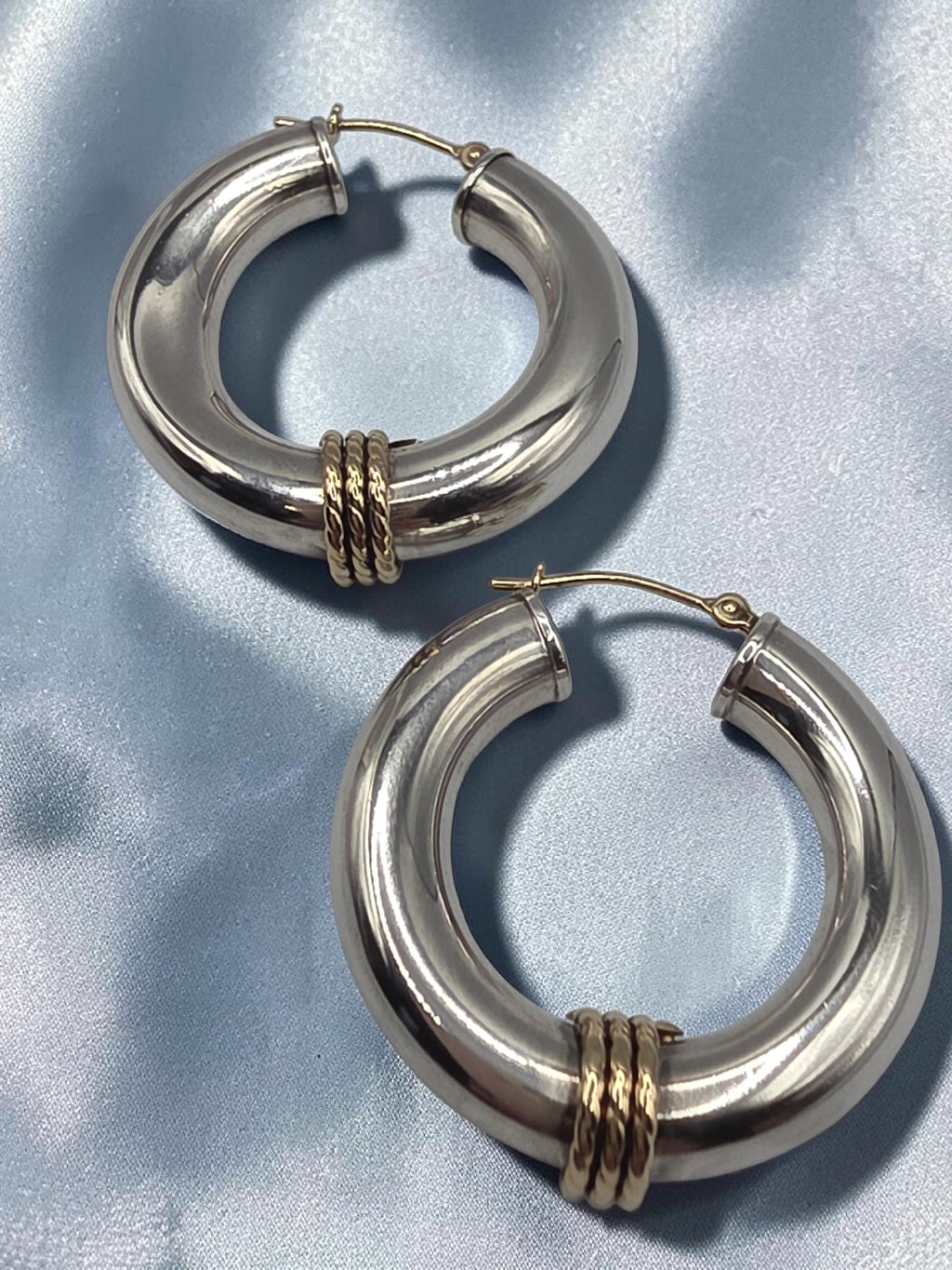 925 Sterling Silver Hoop Earrings with Solid 14K Gold Twisted Rope Accents