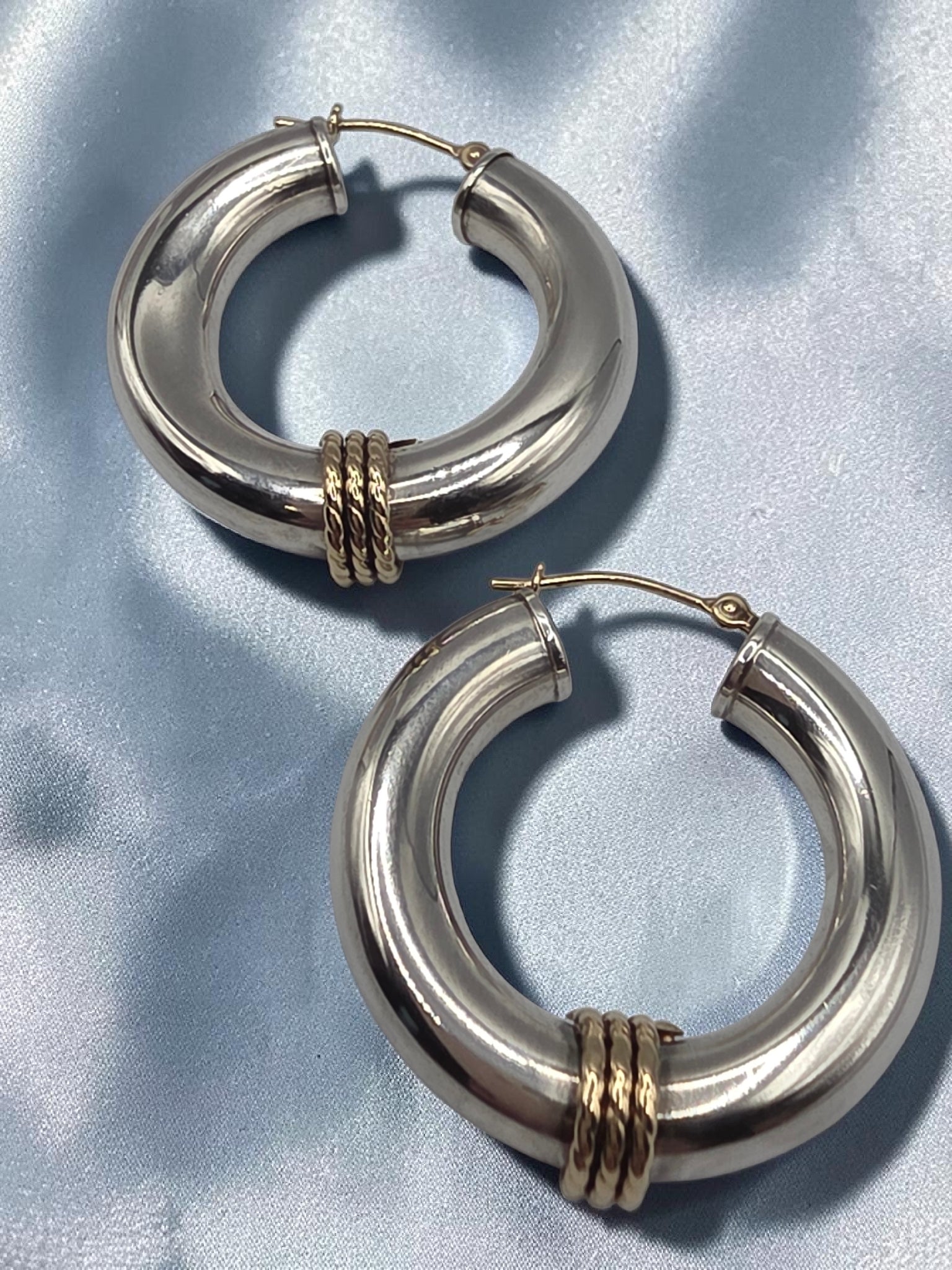 925 Sterling Silver Hoop Earrings with Solid 14K Gold Twisted Rope Accents