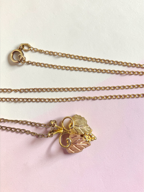Black Hills Gold Solid 12K Grape Leaf Pendant with FREE 14K GF Necklace 19 Inch