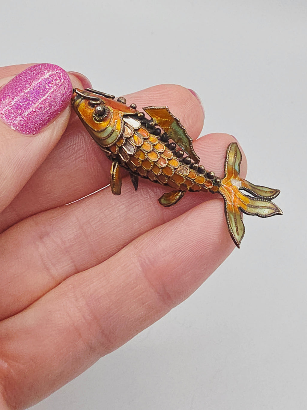 925 Sterling Silver Orange Enamel Koi Fish Articulating Necklace Pendant