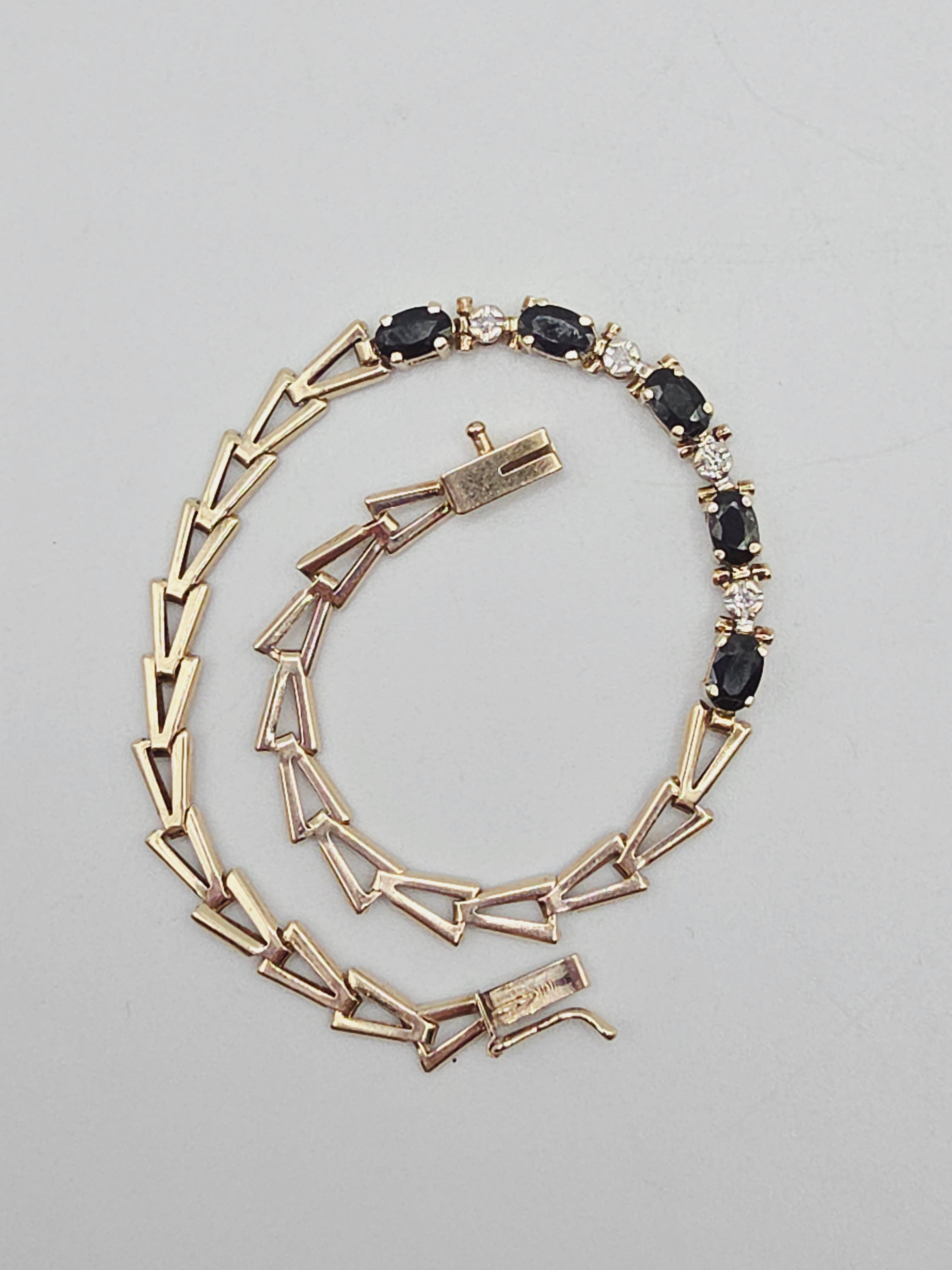 Solid 10K Yellow Gold Bracelet with Blue Sapphires and Diamonds - 7.25 Inch