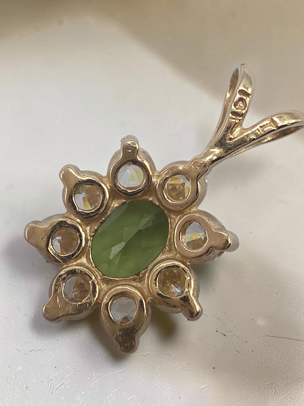 Solid 14K Yellow Gold Oval Peridot Pendant with CZ Halo