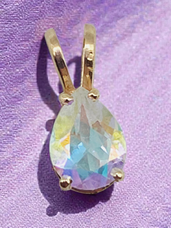 Solid 10K Yellow Gold Pendant with Pear Cut Rainbow Gemstone