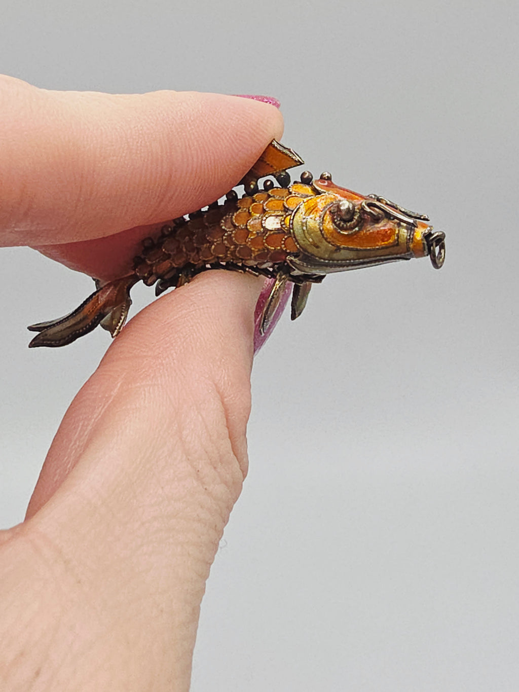 925 Sterling Silver Orange Enamel Koi Fish Articulating Necklace Pendant