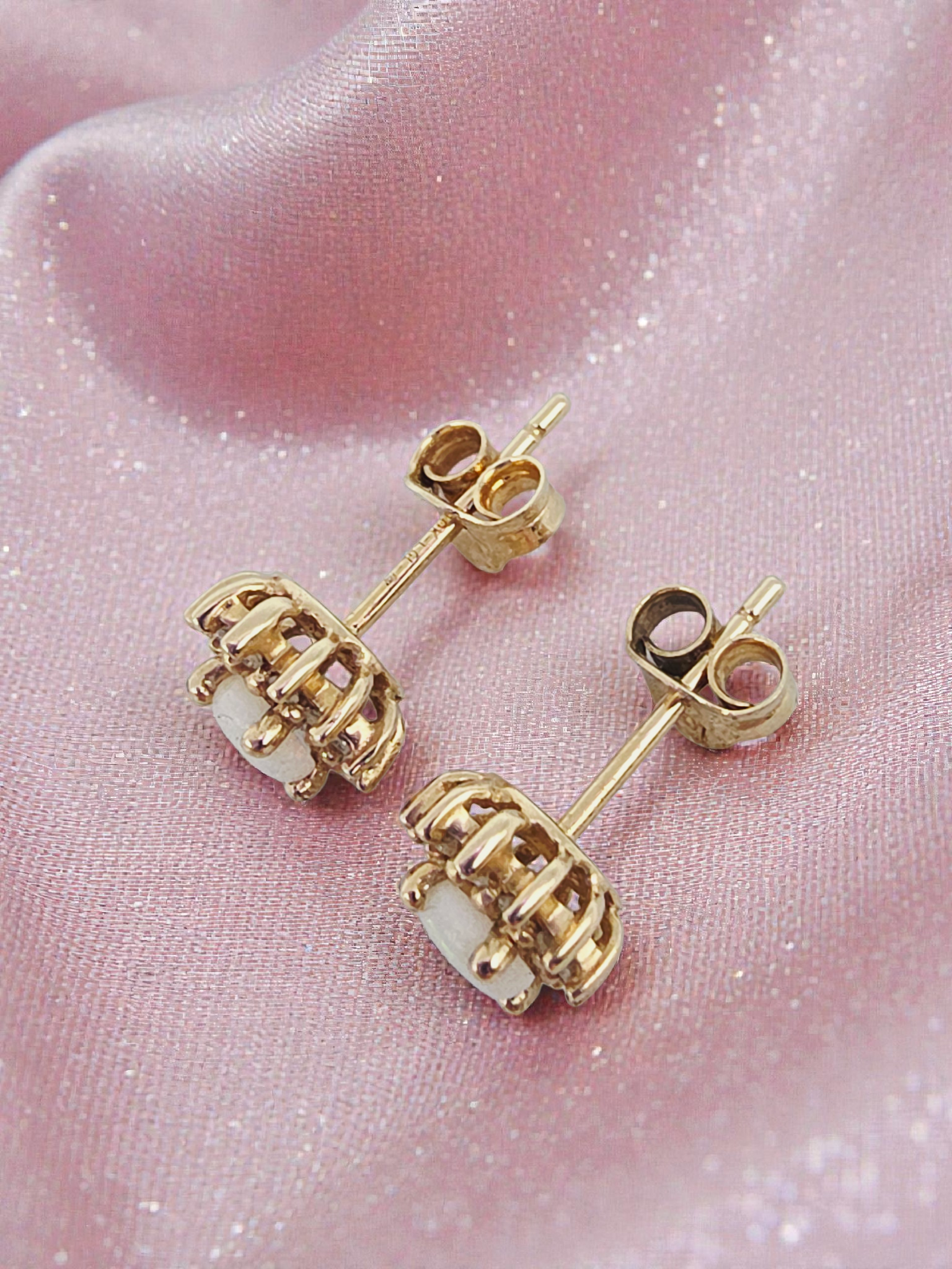 Solid 10K Yellow Gold Opal and Diamond Halo Stud Earrings