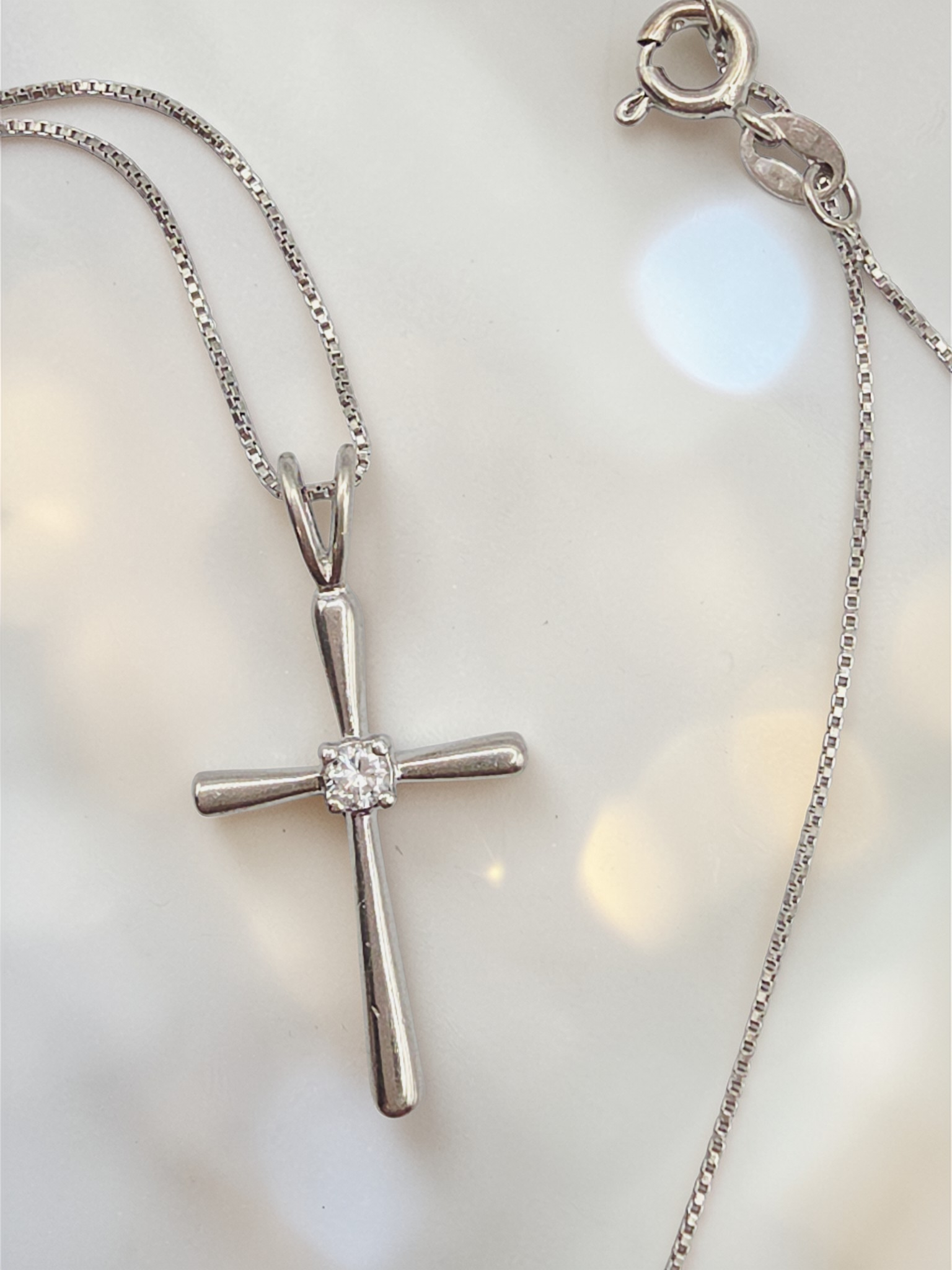 Sterling Silver Cross Pendant Boxchain Necklace with CZ Accent - 20 Inch