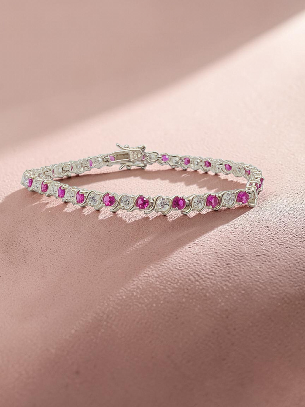 925 Sterling Silver Pink Sapphire Tennis Bracelet with CZ Accents - 7.5 Inch