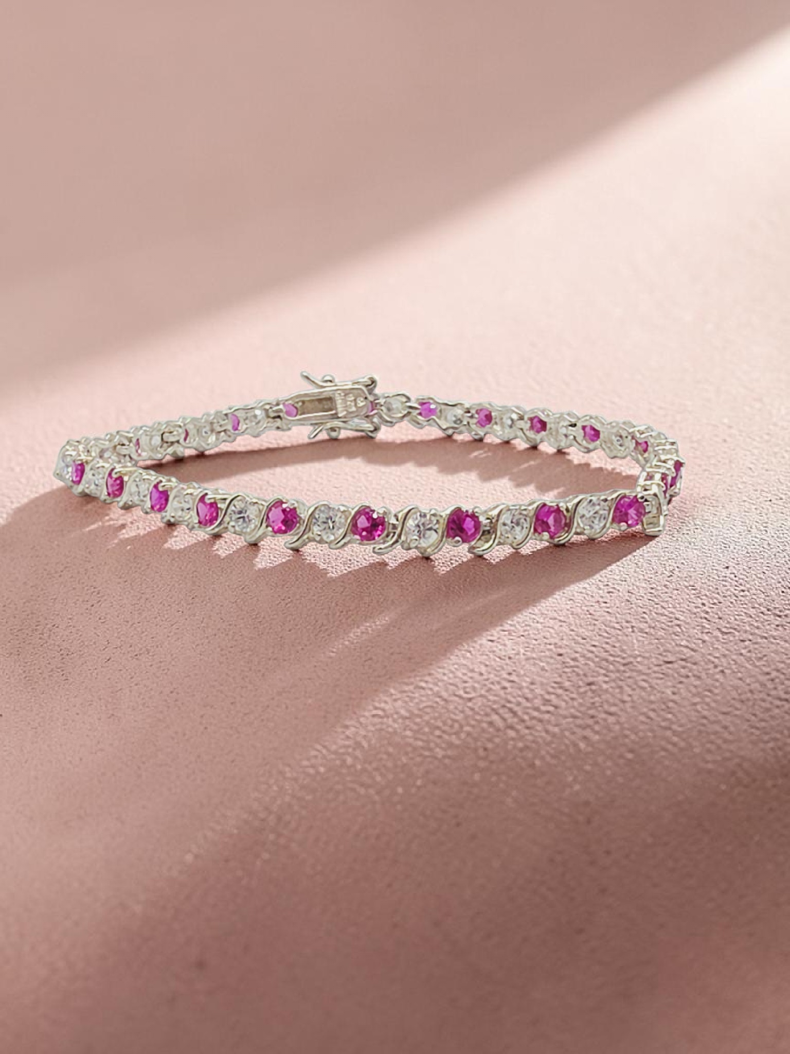 925 Sterling Silver Pink Sapphire Tennis Bracelet with CZ Accents - 7.5 Inch