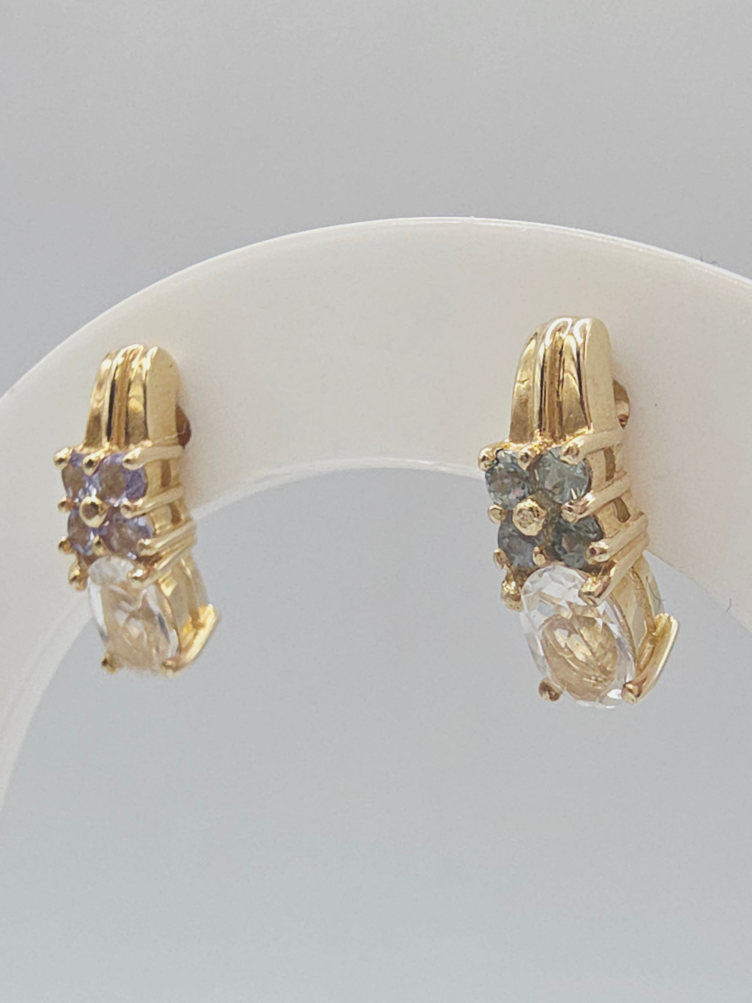 Solid 10K Yellow Gold White Topaz Stud Earrings with Blue & Purple Gemstones