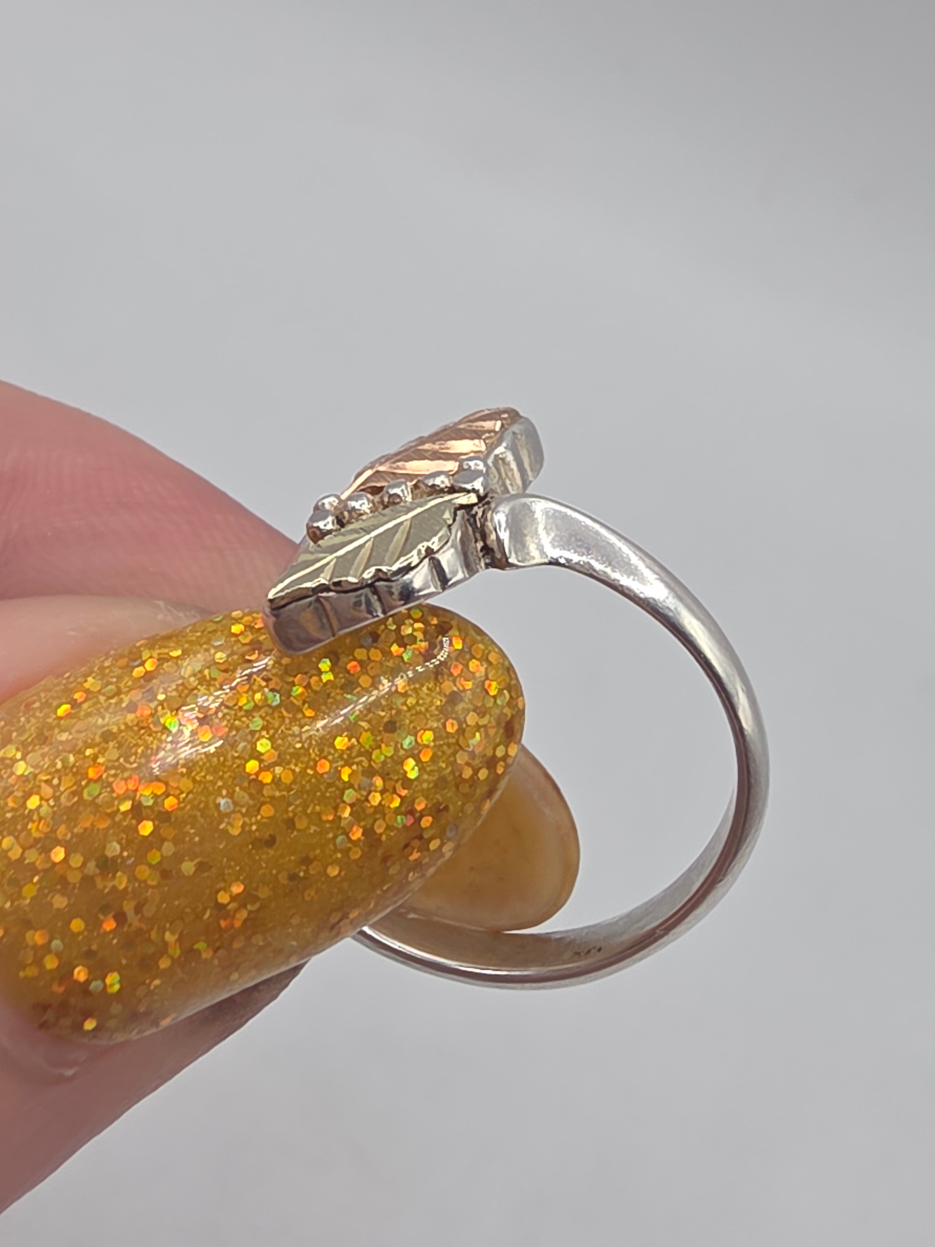 Black Hills Sterling Silver Ring with Solid 12K Gold Leaf Accents - Size 6