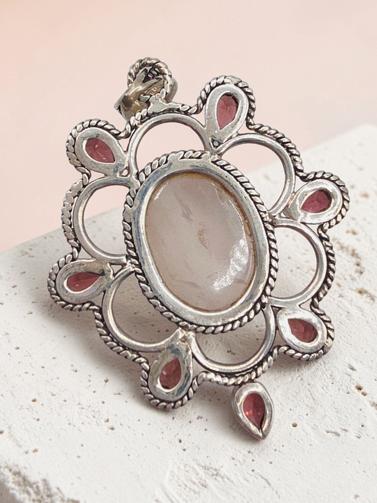 925 Sterling Silver Pendant with Rose Quartz and Rhodolite Garnet Halo