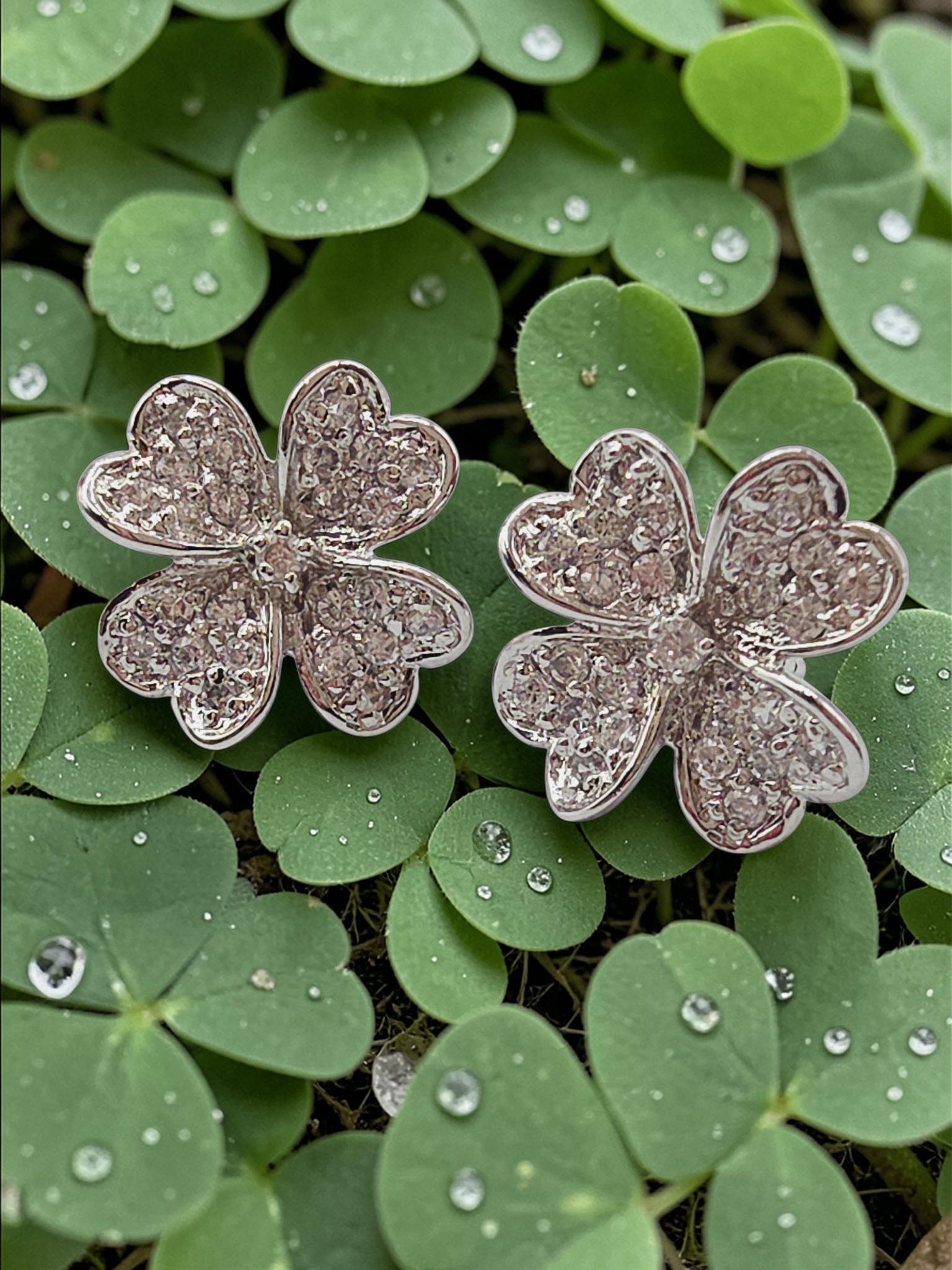 925 Sterling Silver Heart Leaf Clover Stud Earrings with CZ Accents